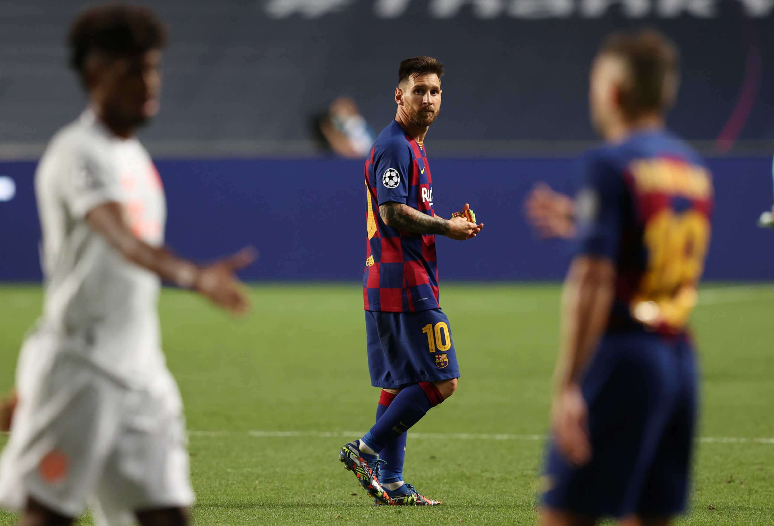 Soccer Football - Champions League - Quarter Final - FC Barcelona v Bayern Munich - Estadio da Luz, Lisbon, Portugal - August 14, 2020   Barcelona's Lionel Messi looks dejected after the match, as play resumes behind closed doors following the outbreak of the coronavirus disease (COVID-19)   REUTERS