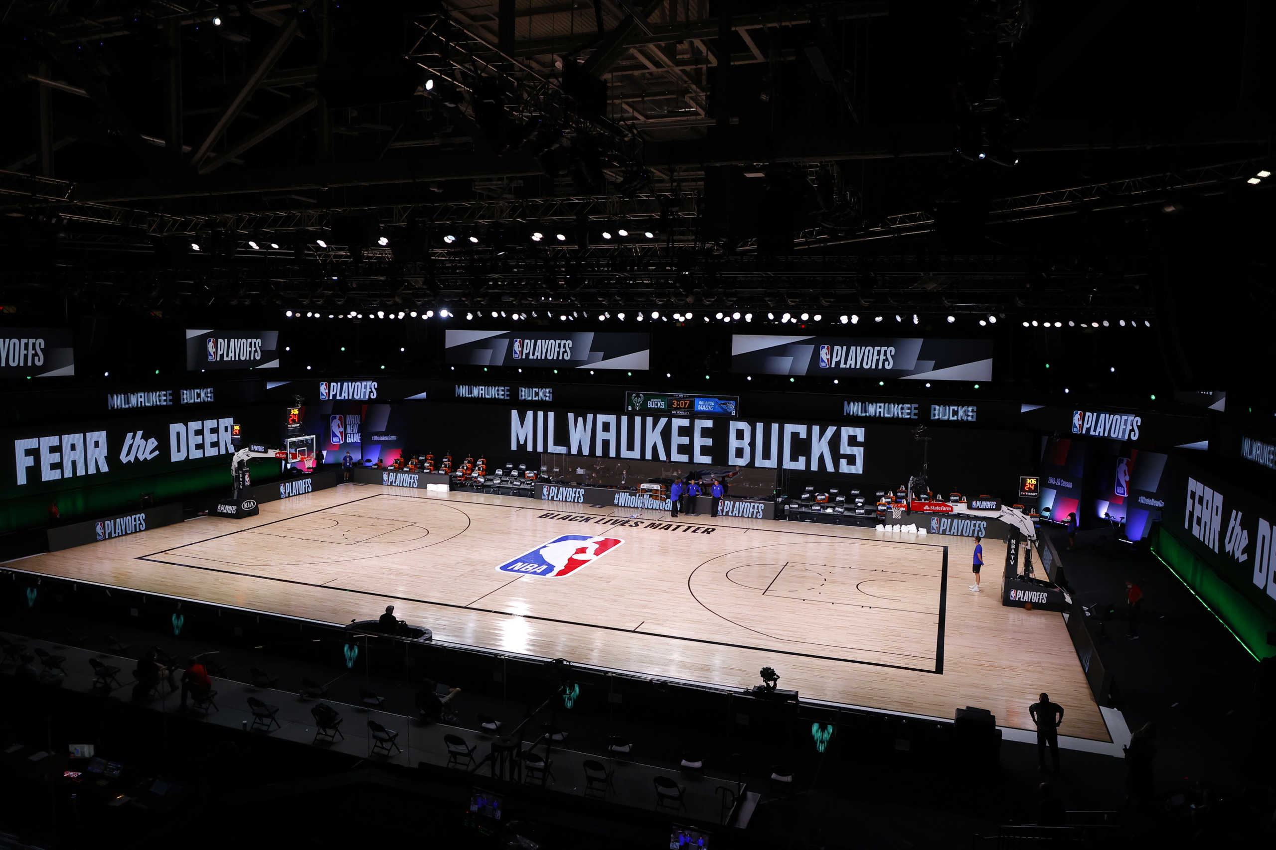 Aug 26, 2020; Lake Buena Vista, Florida, USA; An empty court and bench is shown before the start of a scheduled game between the Milwaukee Bucks and the Orlando Magic for Game Five of the Eastern Conference First Round during the 2020 NBA Playoffs at AdventHealth Arena at ESPN Wide World Of Sports Complex on August 26, 2020 in Lake Buena Vista, Florida. Mandatory Credit: Kevin C. Cox