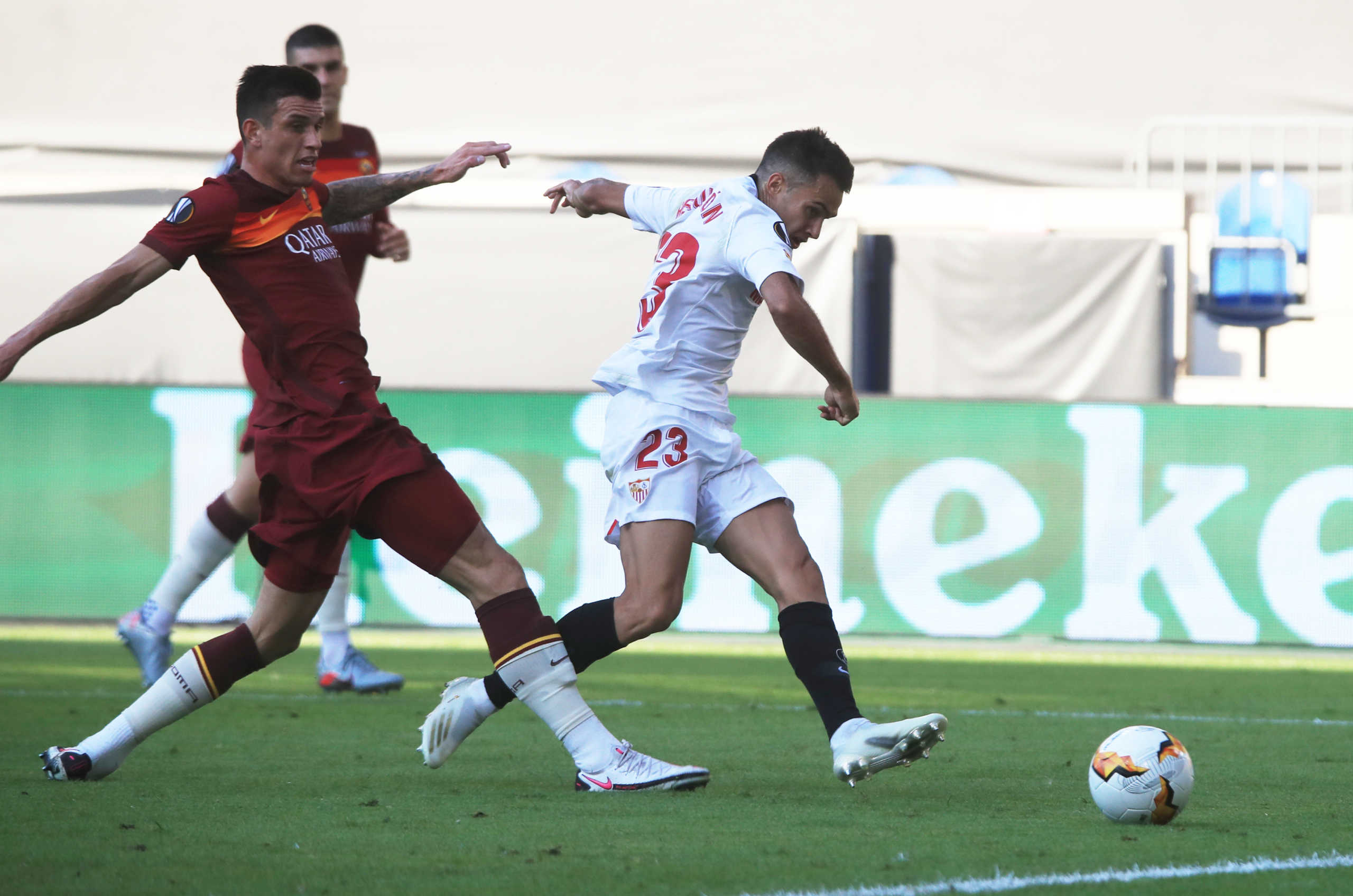 Soccer Football - Europa League - Round of 16 - AS Roma v Sevilla - MSV-Arena, Duisburg, Germany - August 6, 2020 Sevilla's Sergio Reguilon scores their first goal, as play resumes behind closed doors following the outbreak of the coronavirus disease (COVID-19) Pool via REUTERS