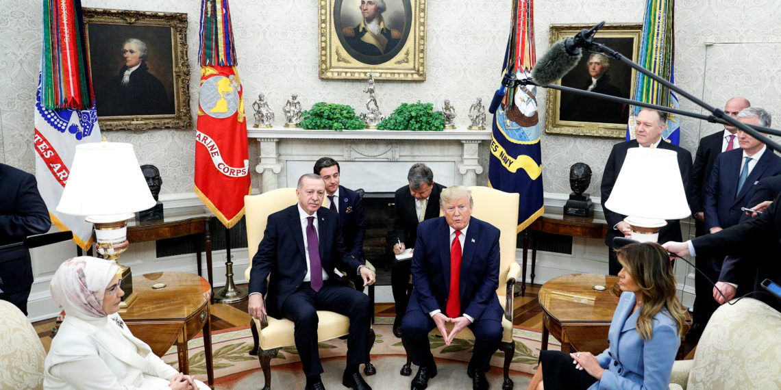 U.S. President Donald Trump and first lady Melania Trump meet with Turkey's President Tayyip Erdogan and Emine Erdogan in the Oval Office of the White House in Washington, U.S., November 13, 2019. REUTERS