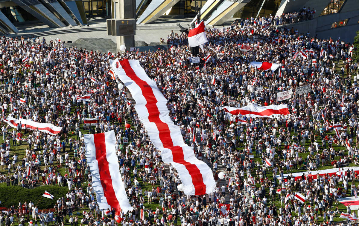People take part in a protest against the presidential election results demanding the resignation of Belarusian President Alexander Lukashenko and the release of political prisoners, in Minsk, Belarus August 16, 2020. REUTERS