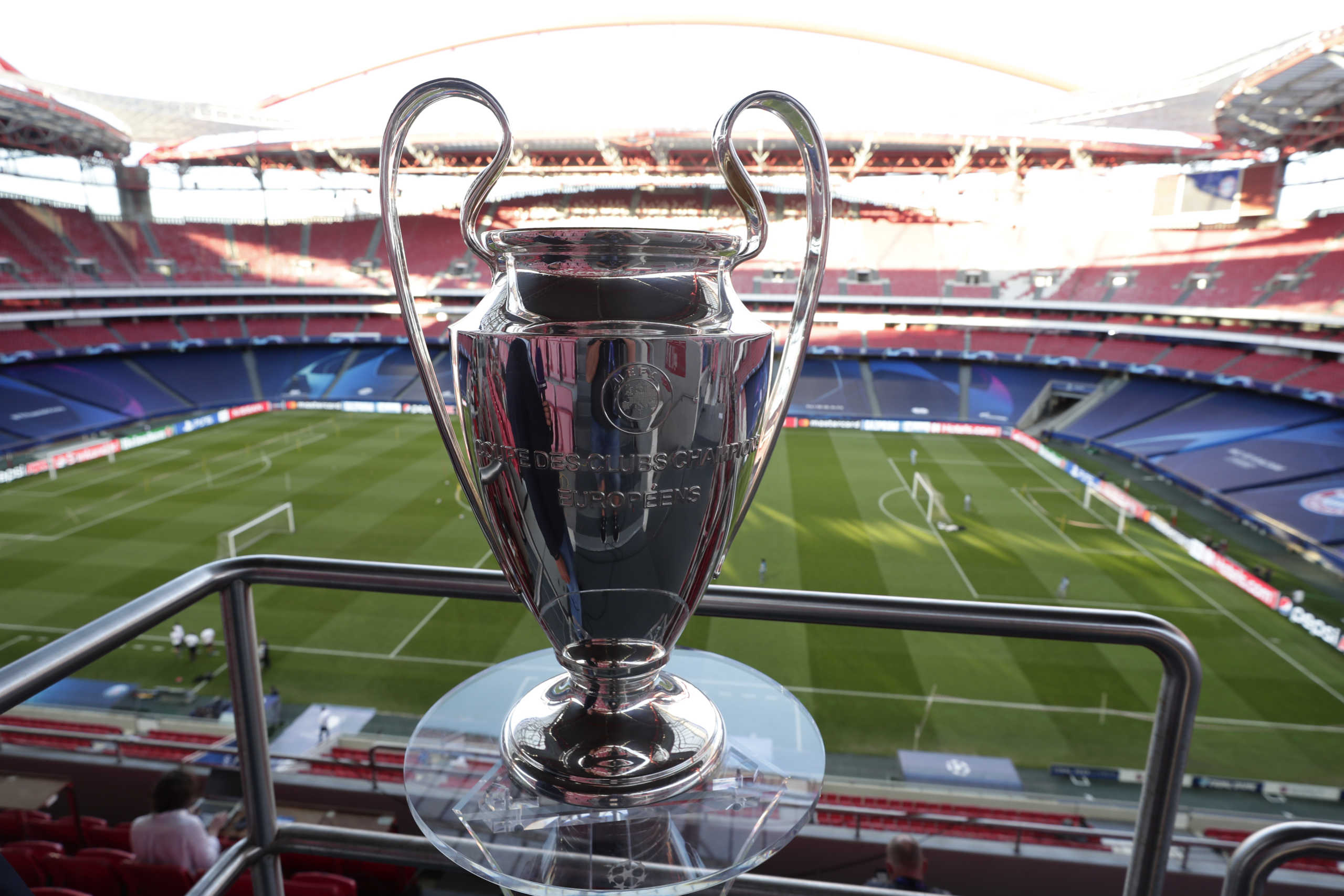 Soccer Football - Champions League - Paris St Germain Training - Estadio da Luz, Lisbon, Portugal - August 22, 2020 The Champions League trophy inside the stadium Pool via REUTERS