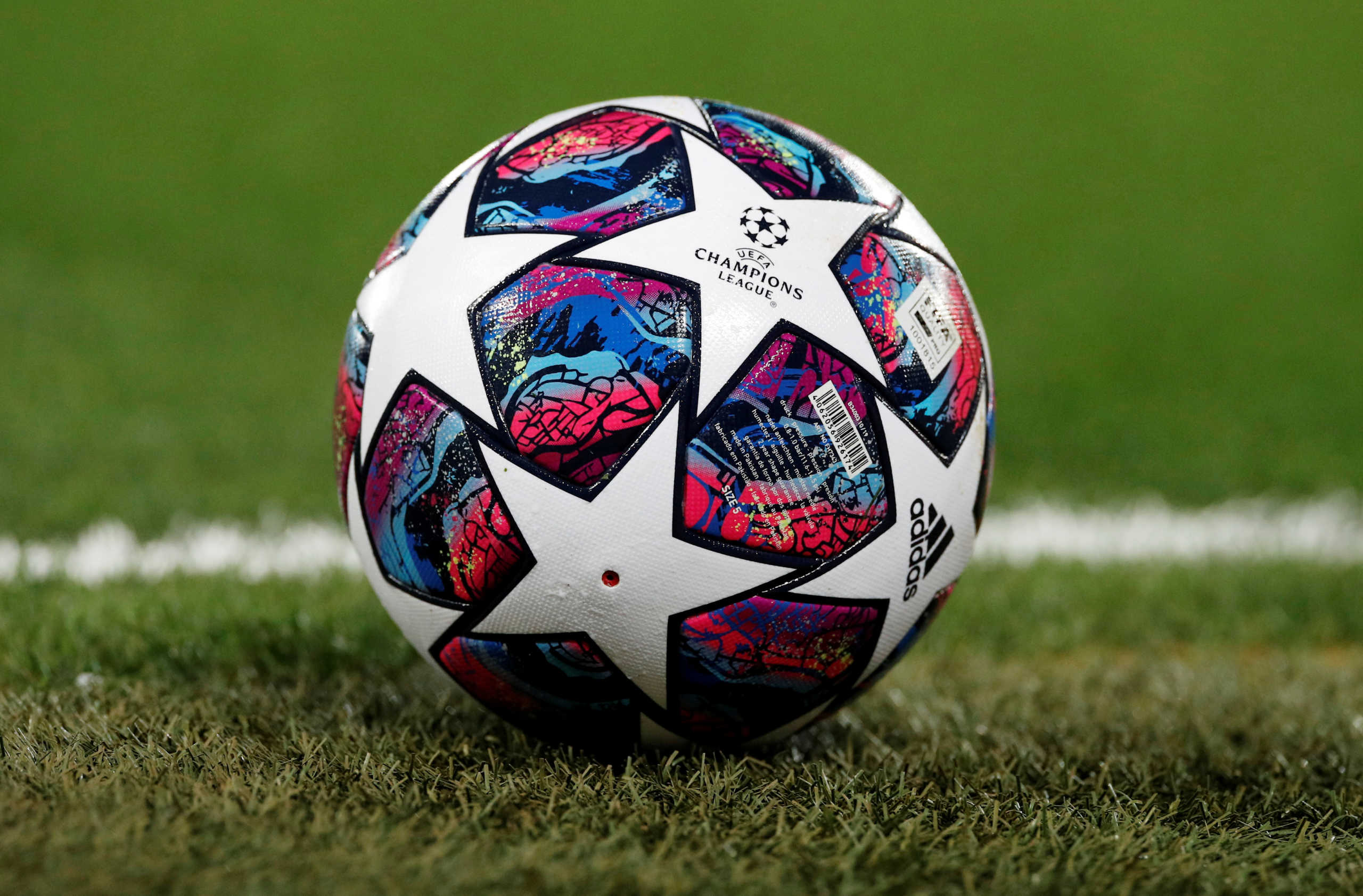 FILE PHOTO: Soccer Football - Champions League - Round of 16 Second Leg - Liverpool v Atletico Madrid - Anfield, Liverpool, Britain - March 11, 2020  General view of a match ball on the pitch before the match   REUTERS