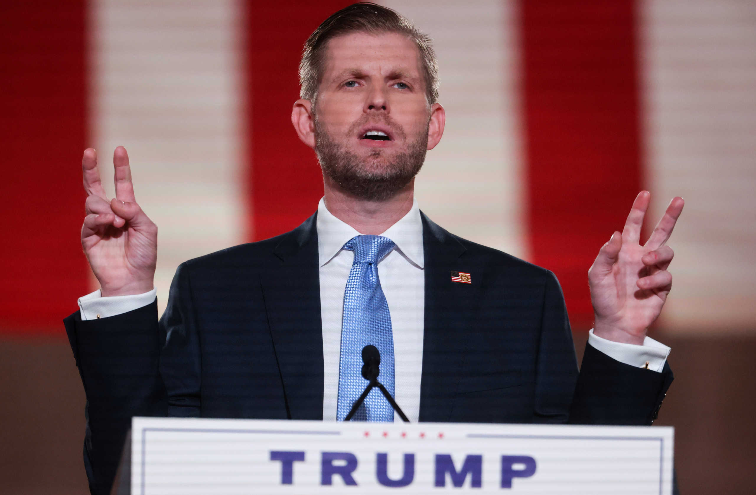 Eric Trump, the son of U.S. President Donald Trump, delivers a pre-recorded speech to the largely virtual Republican National Convention broadcast from the Mellon Auditorium in Washington, U.S., August 25, 2020. REUTERS