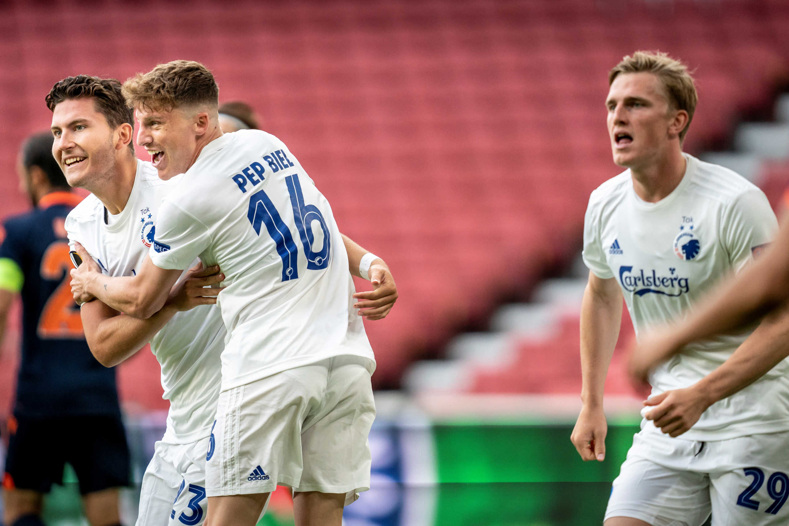 Soccer - Europa League - FC Copenhagen v Istanbul Basaksehir - Telia Parken, Copenhagen, Denmark August 5, 2020 FC Copenhagen's Jonas Wind cheers after his goal together with Pep Biel. Ritzau Scanpix