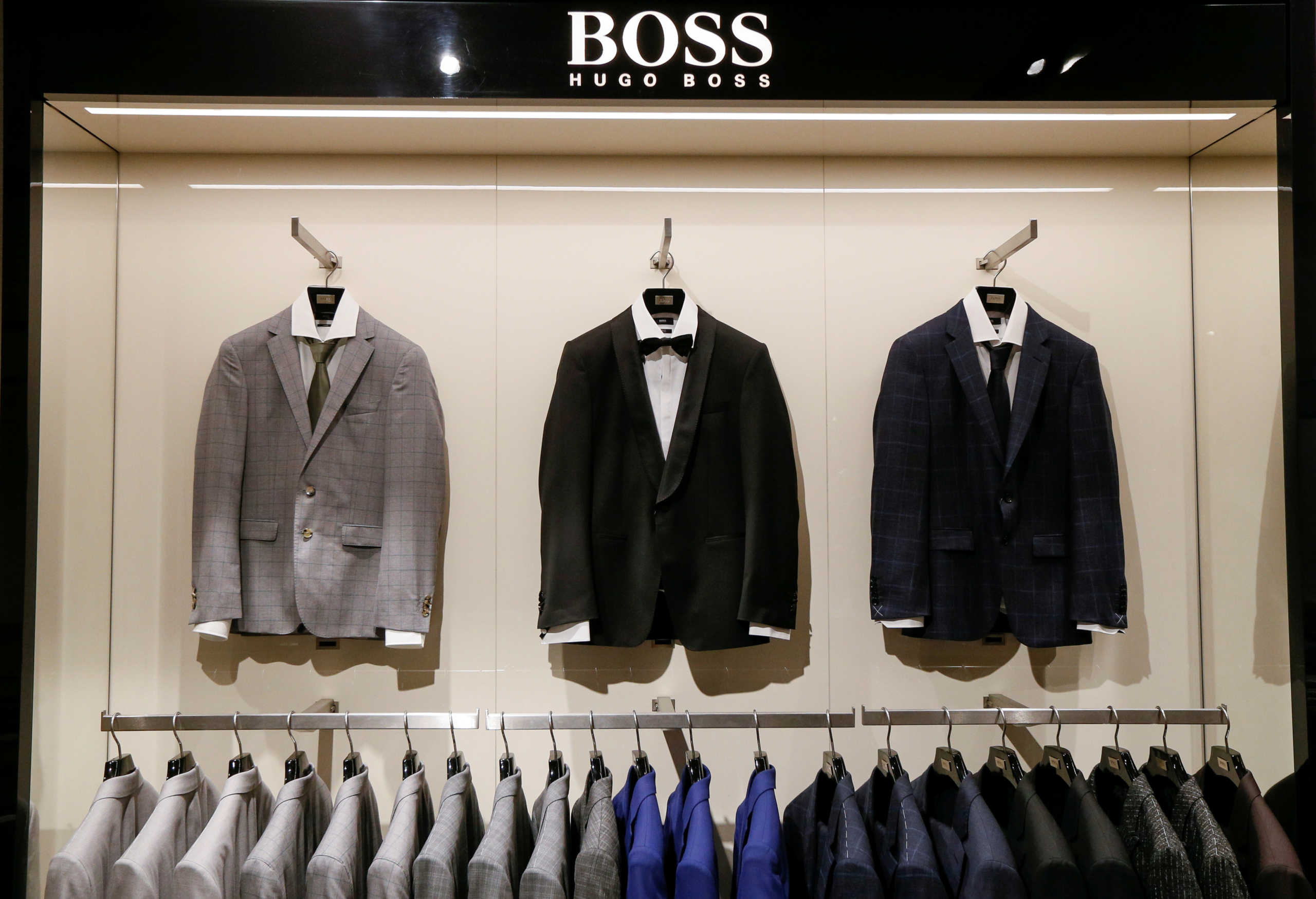 FILE PHOTO: Jackets on display in the Hugo Boss section in the Central Universal Department Store (TsUM) in Kiev, Ukraine, May 17, 2017. Picture taken May 17, 2017. REUTERS