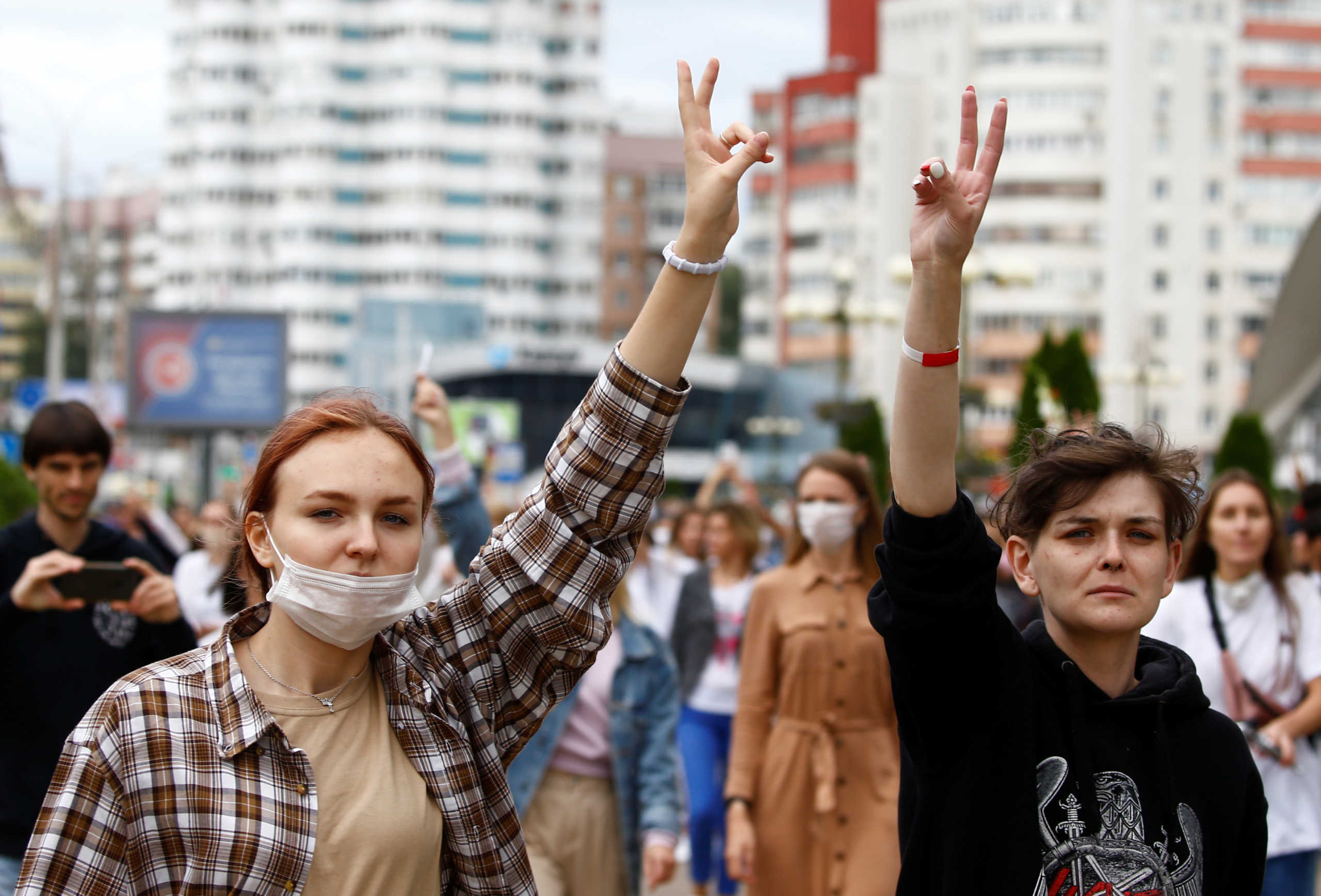 Women take part in a demonstration against police violence during the recent rallies of opposition supporters following the presidential election in Minsk, Belarus August 12, 2020. REUTERS