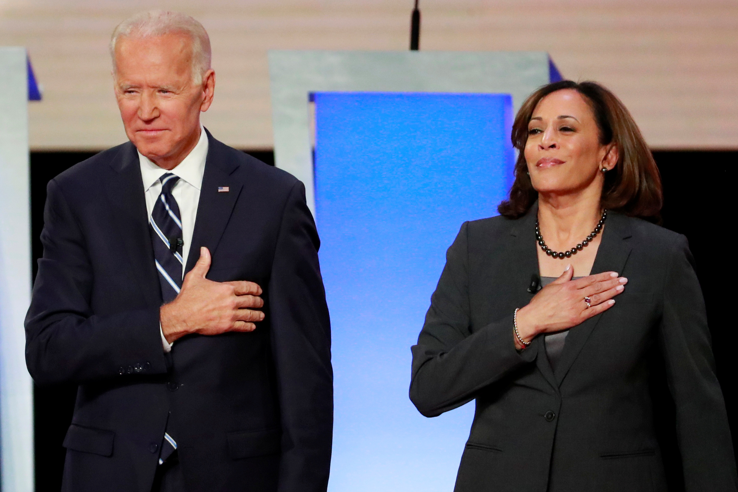 FILE PHOTO: Former Vice President Joe Biden and U.S. Senator Kamala Harris take the stage before the start of the second night of the second U.S. 2020 presidential Democratic candidates debate in Detroit, Michigan, U.S., July 31, 2019. REUTERS