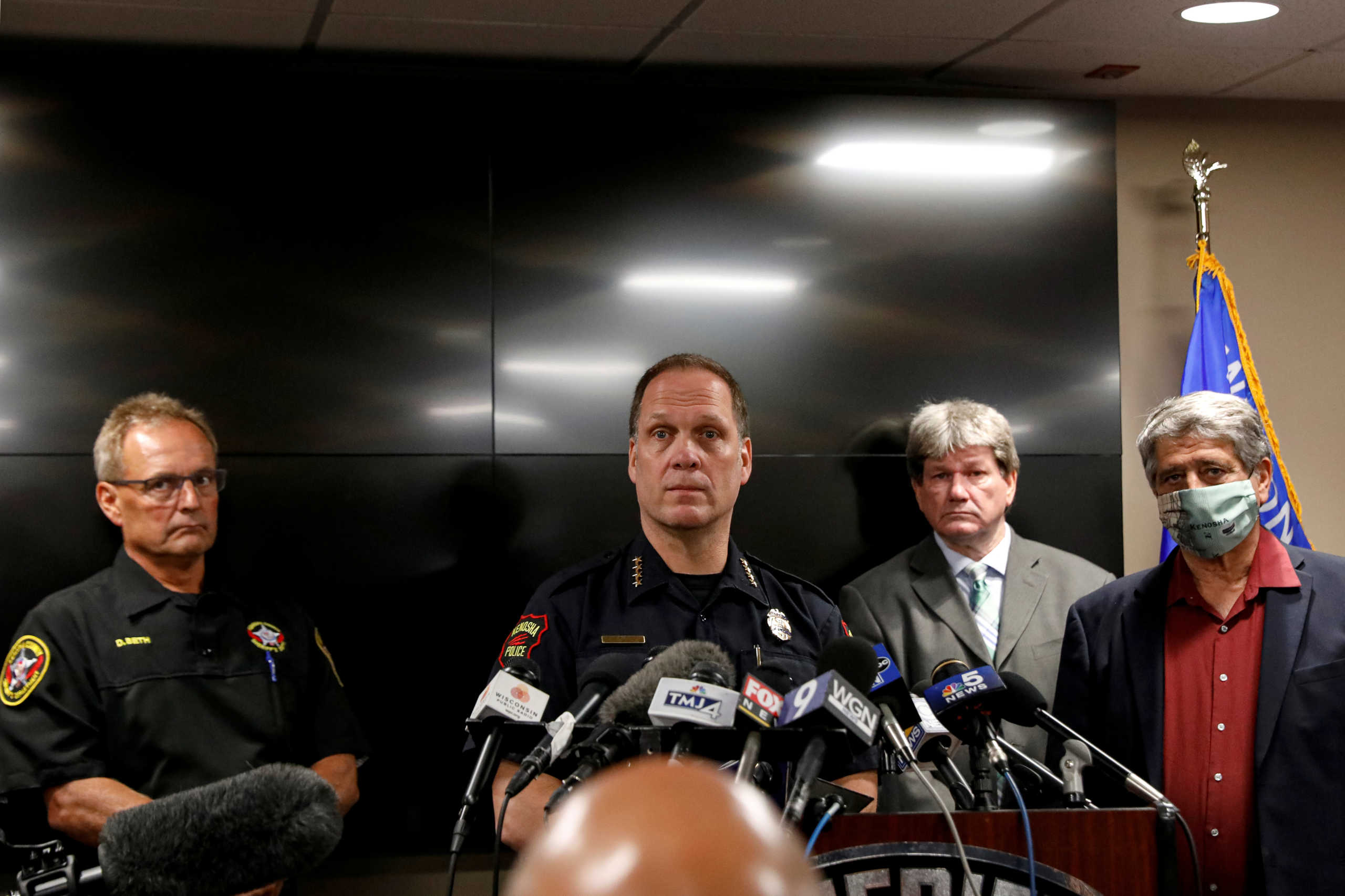 Daniel Miskinis, Kenosha Police Chief, addresses a news conference, regarding the protests and shootings that came after Jacob Blake was shot by police, in Kenosha, Wisconsin, U.S. August 26, 2020.   REUTERS
