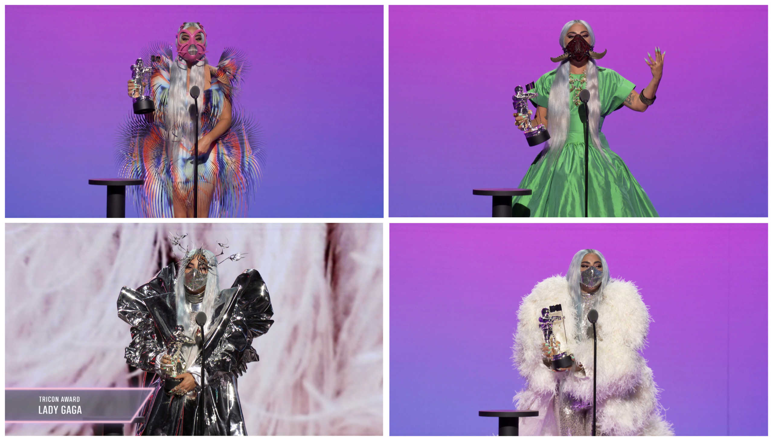 Lady Gaga accepts the awards for Best Collaboration for "Rain On Me", Artist of the Year, Song of the Year, and the Tricon Award during the 2020 MTV VMAs in this combination picture of screen grab images made available on August 30, 2020. VIACOM