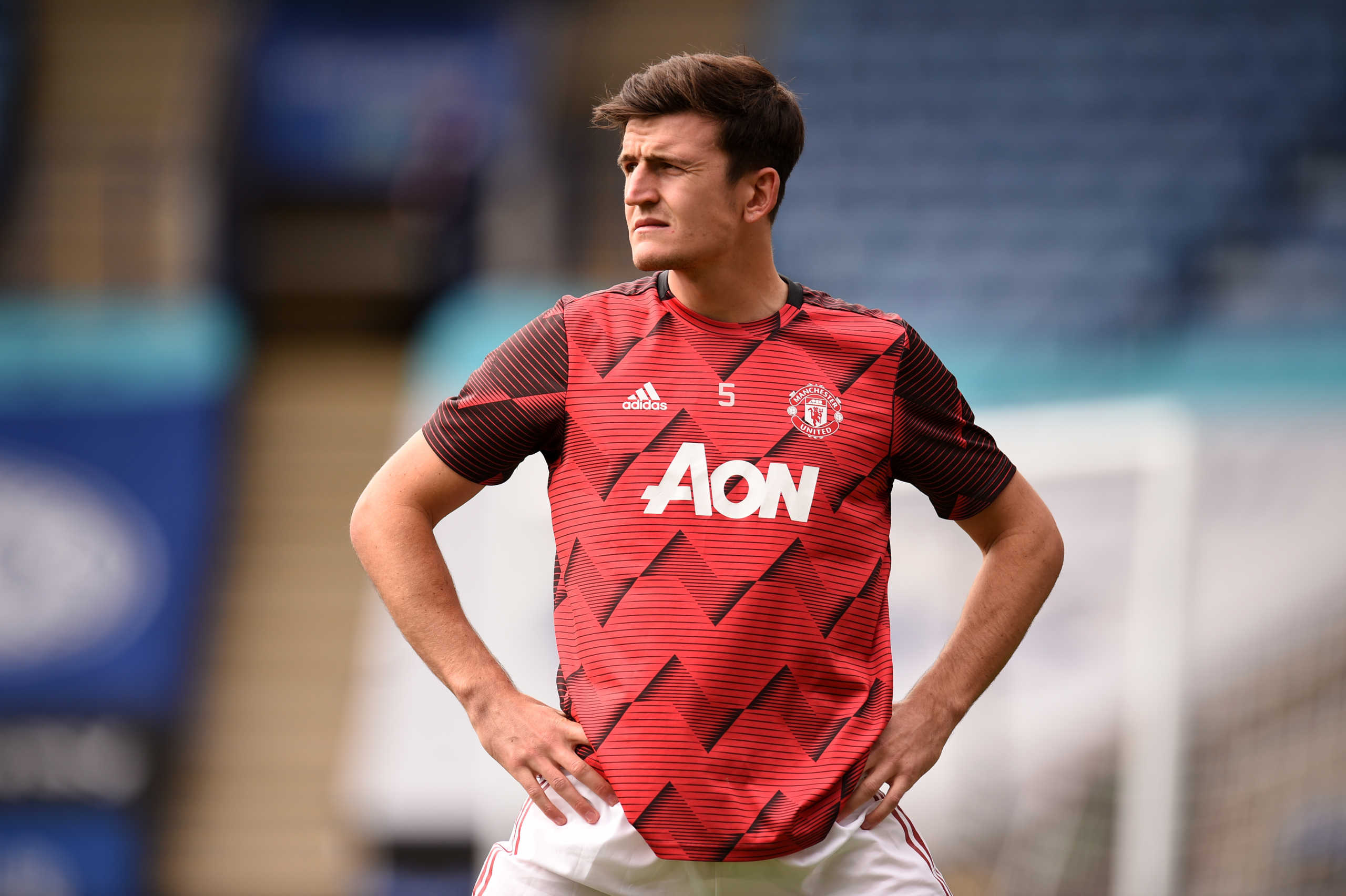 Soccer Football - Premier League - Leicester City v Manchester United - King Power Stadium, Leicester, Britain - July 26, 2020  Manchester United's Harry Maguire during the warm up before the match, as play resumes behind closed doors following the outbreak of the coronavirus disease (COVID-19) Pool via REUTERS