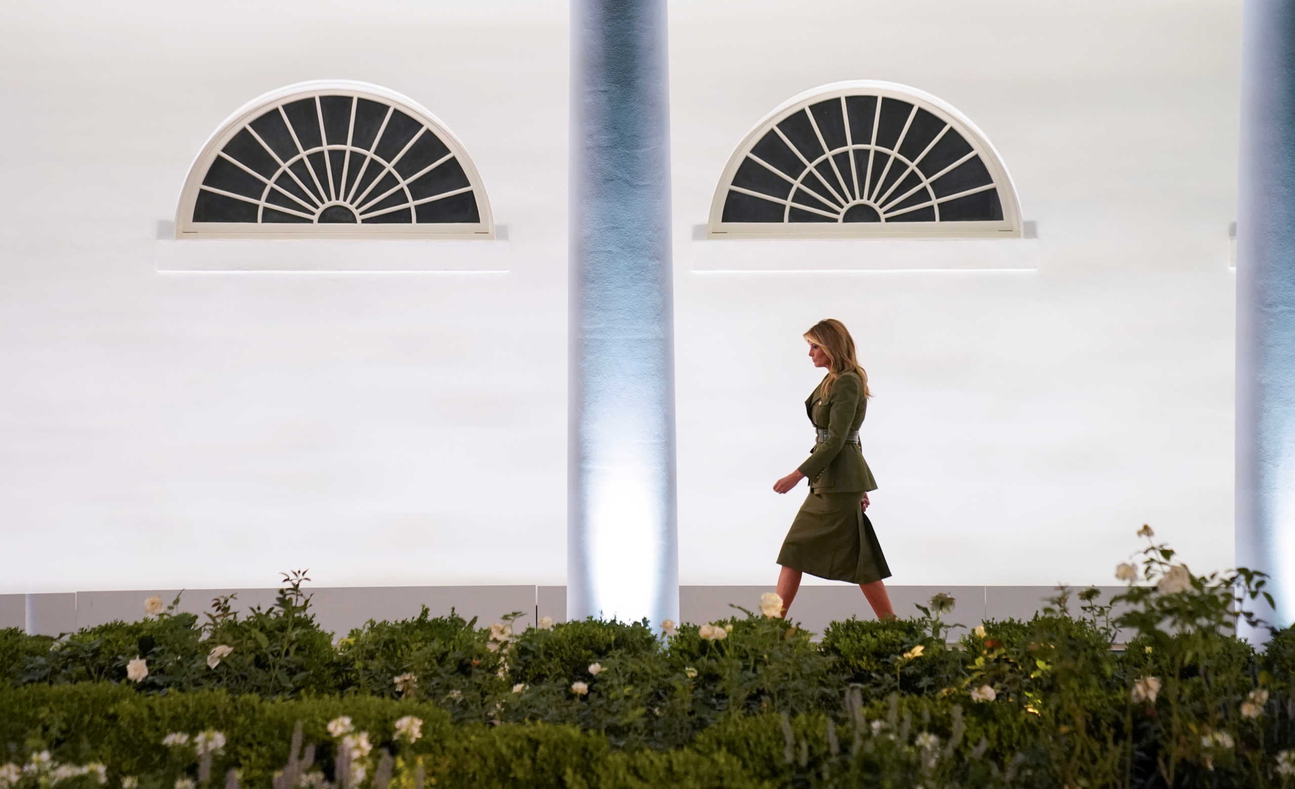 U.S. first lady Melania Trump walks up the White House West Wing colonnade as she arrives to deliver her live address to the largely virtual 2020 Republican National Convention from the Rose Garden of the White House in Washington, U.S., August 25, 2020. REUTERS