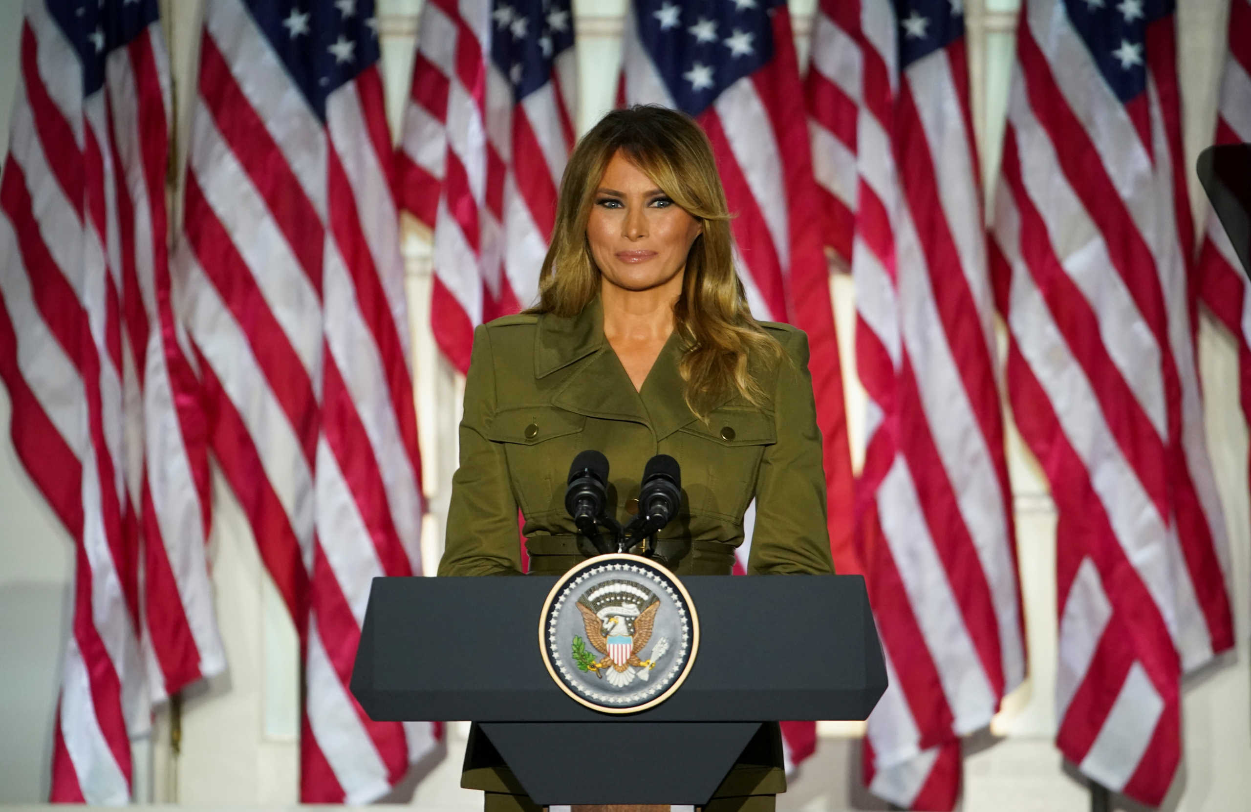 U.S. first lady Melania Trump delivers her live address to the largely virtual 2020 Republican National Convention from the Rose Garden of the White House in Washington, U.S., August 25, 2020. REUTERS