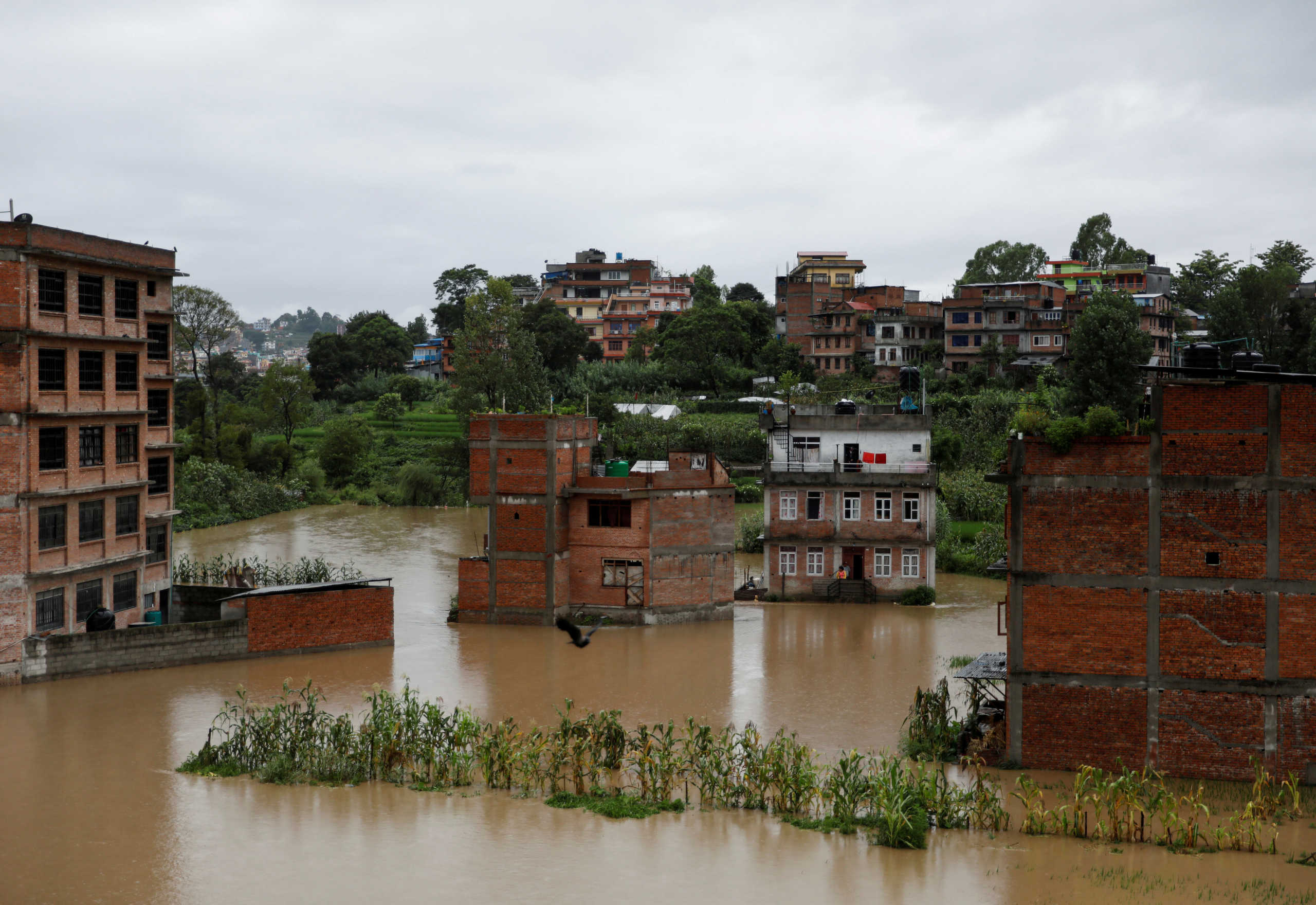 FILE PHOTO: Houses are seen submerged in the waters as a river overflows due to incessant rainfall in Bhaktapur, Nepal July 20, 2020. REUERS