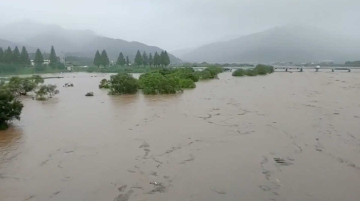 General view shows flooding along Seomjin River amid monsoon rains in Gokseong, South Korea August 7, 2020 in this still image taken August 8, 2020 from social media video. Lee Dong Hyun