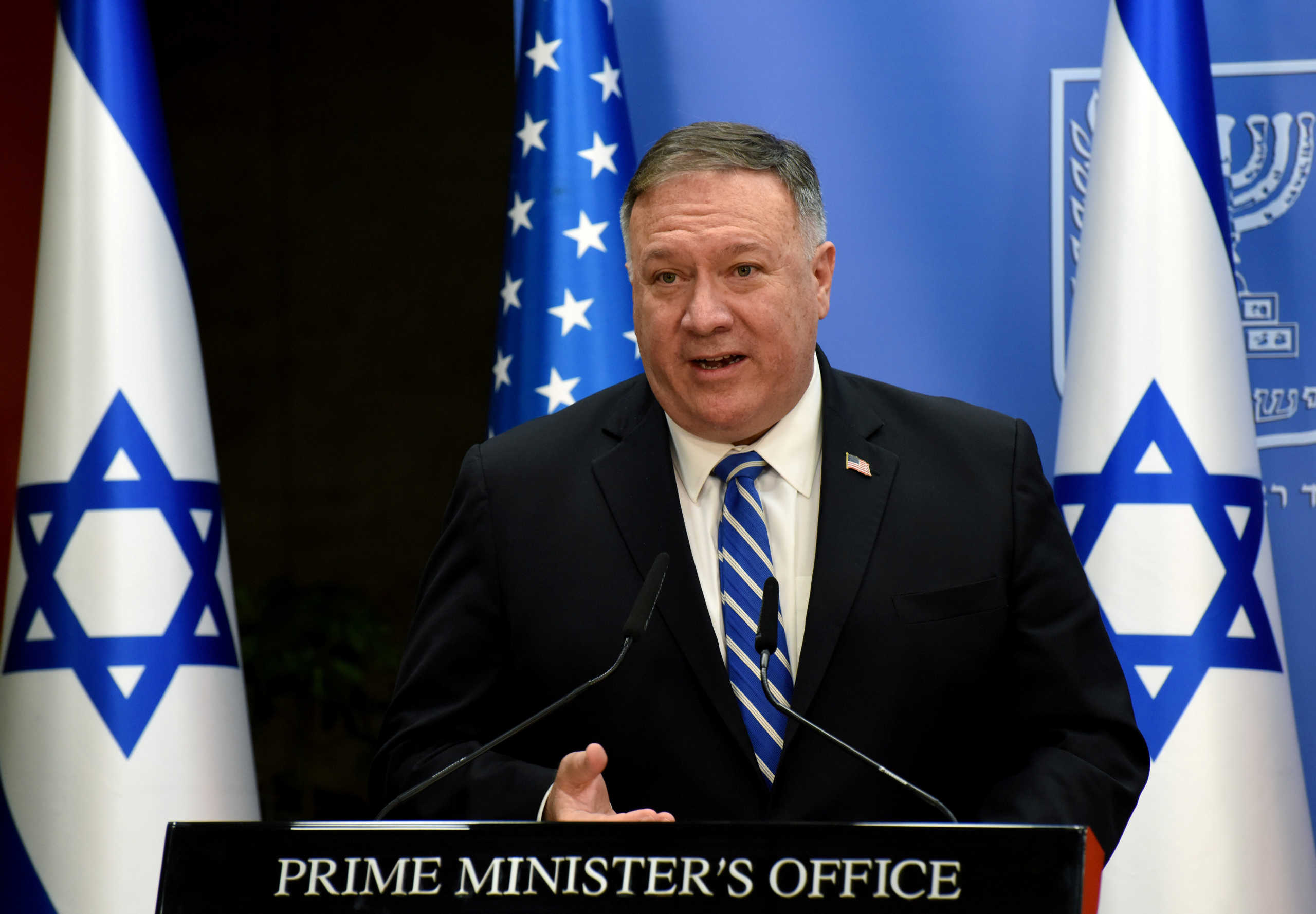 U.S. Secretary of State Mike Pompeo and Israeli Prime Minister Benjamin Netanyahu (not pictured) make joint statements during a news conference after a meeting in Jerusalem, August 24, 2020. Debbie Hill