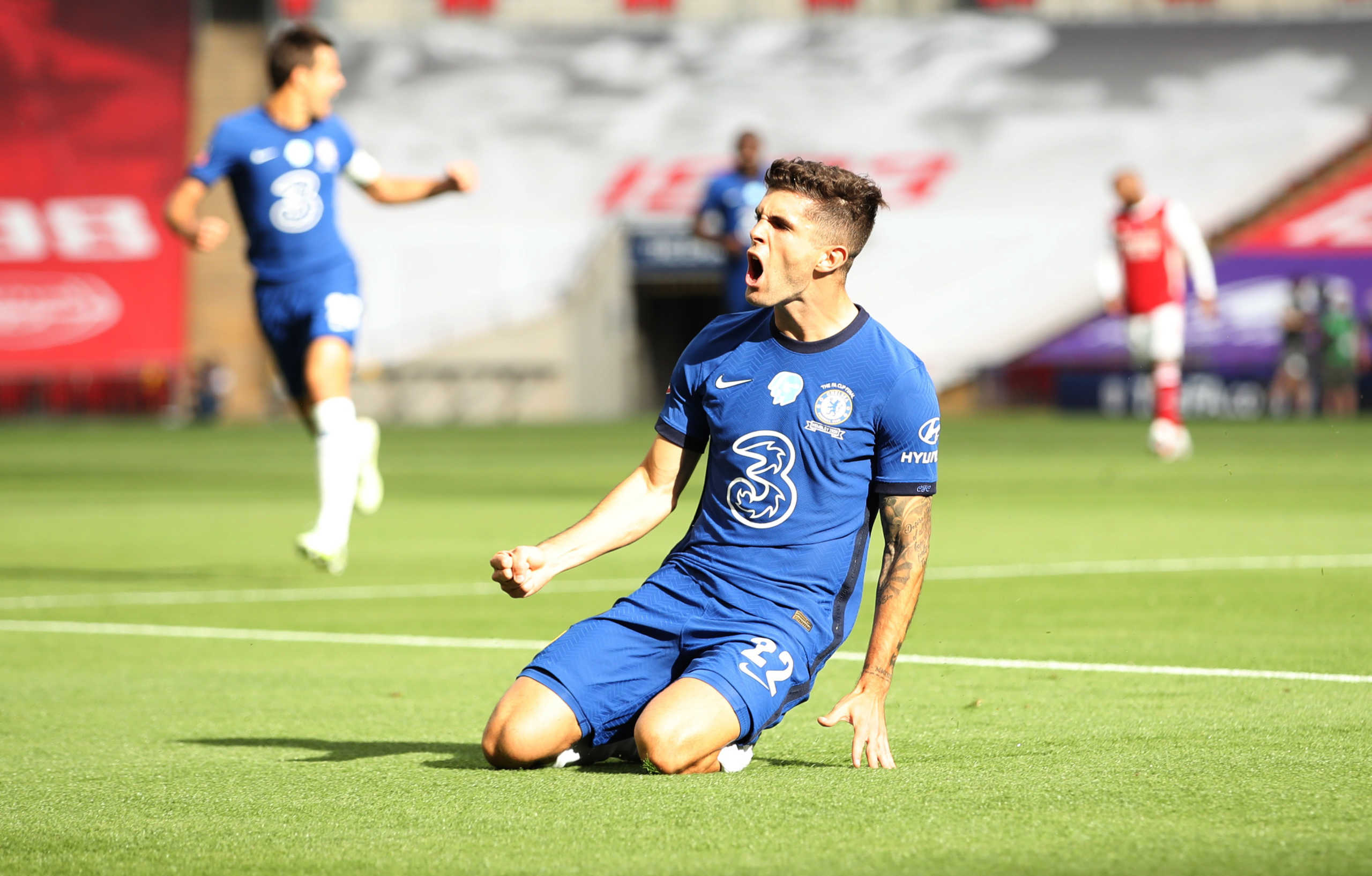 Soccer Football - FA Cup Final - Arsenal v Chelsea - Wembley Stadium, London, Britain - August 1, 2020 Chelsea's Christian Pulisic celebrates scoring their first goal, as play resumes behind closed doors following the outbreak of the coronavirus disease (COVID-19) Pool via REUTERS