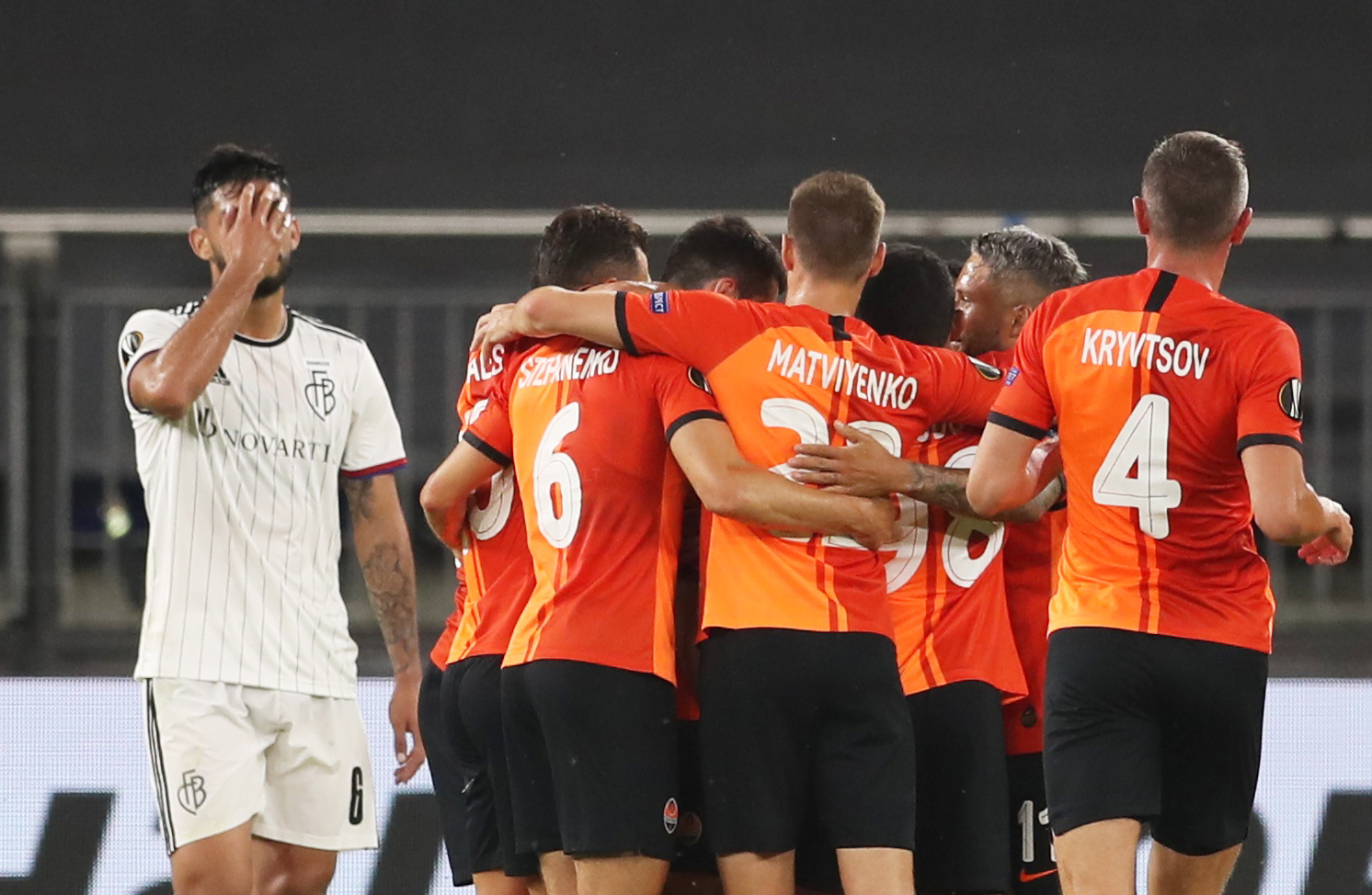 Soccer Football - Europa League - Quarter Final - Shakhtar Donetsk v Basel - Veltins-Arena, Gelsenkirchen, Germany - August 11, 2020 Shakhtar Donetsk's Taison celebrates scoring their second goal with teammates, as play resumes behind closed doors following the outbreak of the coronavirus disease (COVID-19) Pool via REUTERS