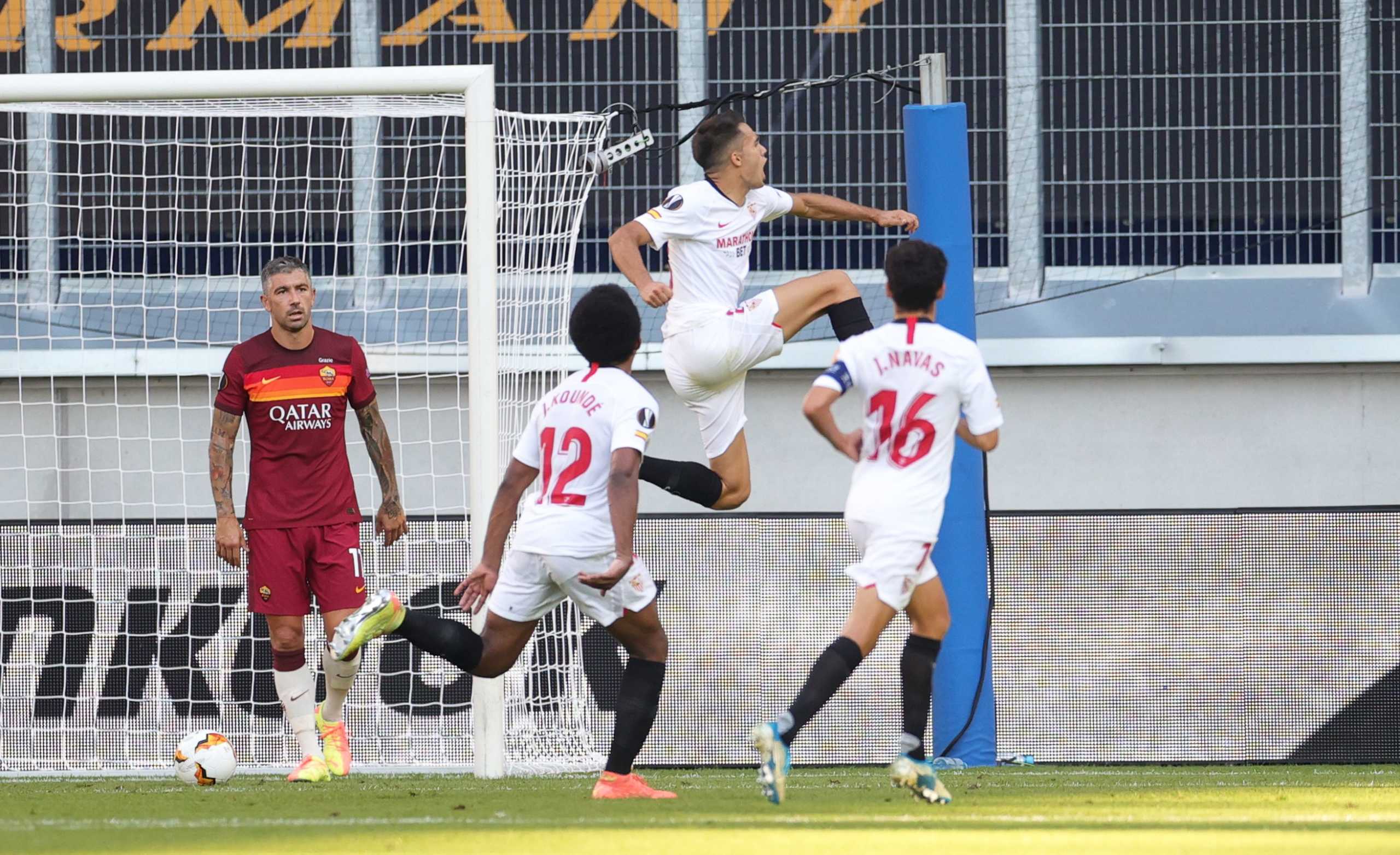 Soccer Football - Europa League - Round of 16 - AS Roma v Sevilla - MSV-Arena, Duisburg, Germany - August 6, 2020 Sevilla's Sergio Reguilon celebrates scoring their first goal, as play resumes behind closed doors following the outbreak of the coronavirus disease (COVID-19) Pool via REUTERS