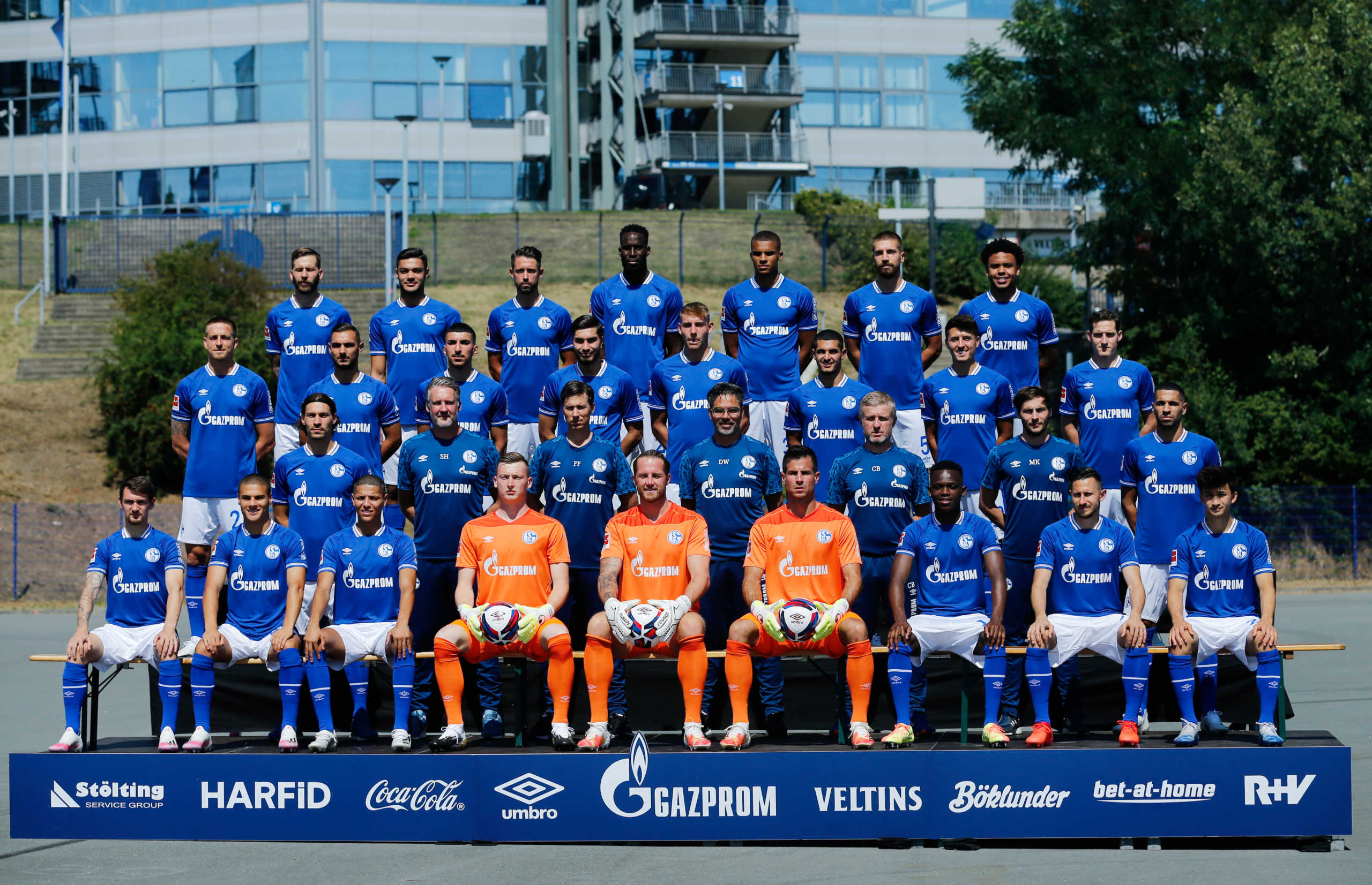 Soccer Football - Bundesliga - FC Schalke 04 Photocall - Schalke 04 Training Facility, Gelsenkirchen, Germany - August, 06, 2020 -  FC Schalke 04's Guido Burgstaller, Ozan Kabak, Mark Uth, Salif Sane, Malick Thiaw, Matija Nastasic, Weston McKennie, Bastian Oczipka, Ahmed Kutucu, Nassim Boujellab, Suat Serdar, Timo Becker, Levent Mercan, Alessandro Schopf, Sebastian Rudy  Benjamin Stambouli, goalkeeper coach Simon Henzler, assistant coach Frank Frohling, head coach David Wagner, assistant coach Christoph Buhler, assistant coach Matthias Kreutzer, Omar Mascarell, Benito Raman, Can Bozdogan, Amine Harit, Markus Schubert, Ralf Fahrmann, Michael Langer, Rabbi Matondo, Steven Skrzybski, Nick Taitague pose for a team group photo in Gelsenkirchen. REUTERS