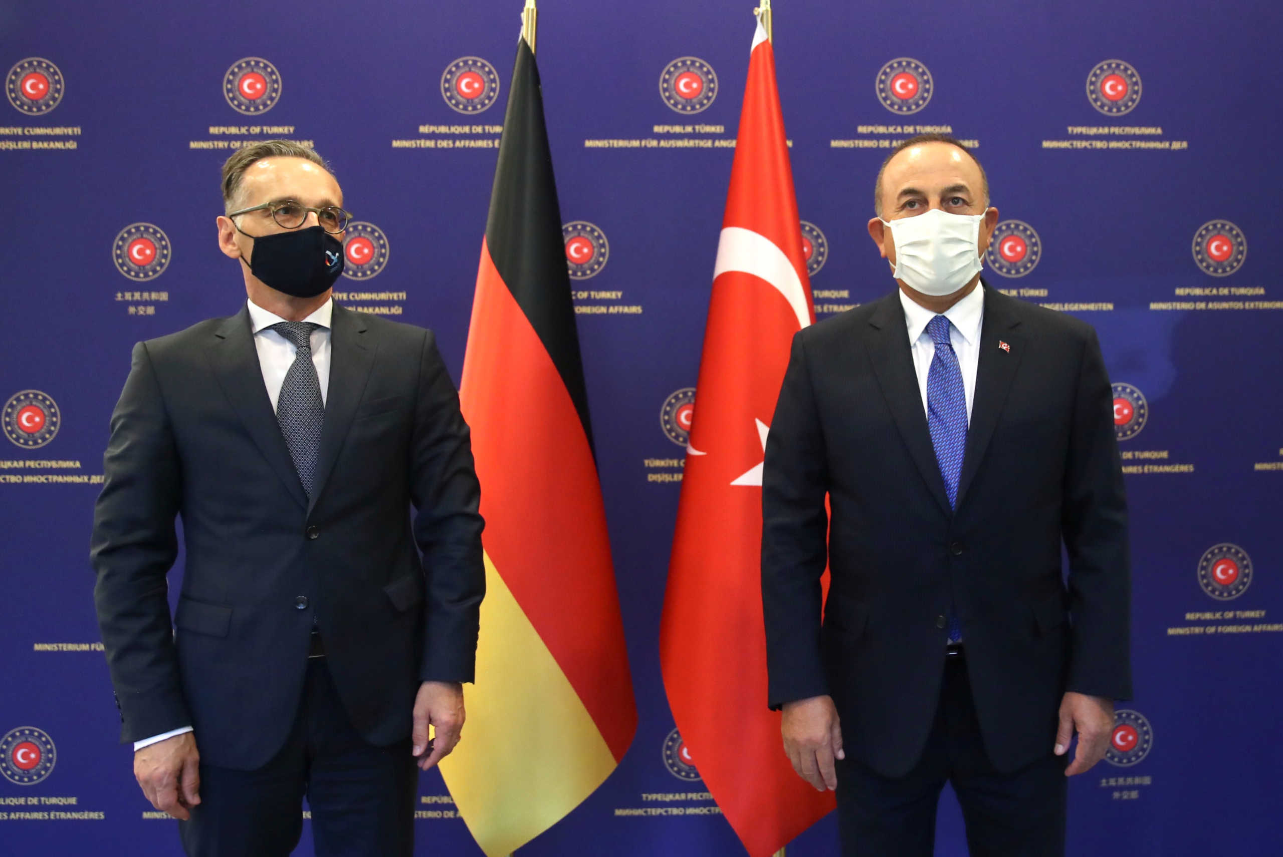 Turkish Foreign Minister Mevlut Cavusoglu meets with his German counterpart Heiko Mass in Ankara, Turkey, August 25, 2020. Turkish Foreign Ministry