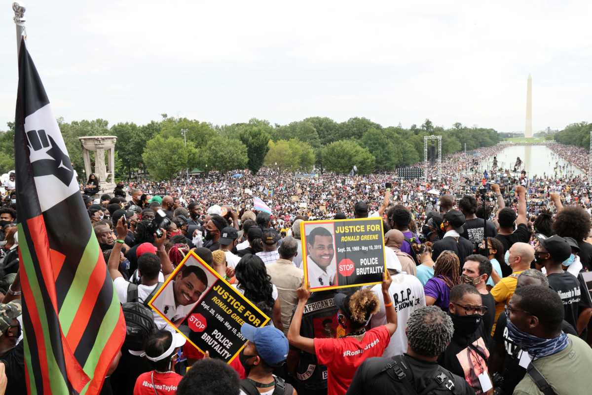 Demonstrators gather at the Lincoln Memorial for the "Get Your Knee Off Our Necks" March on Washington in support of racial justice in Washington, U.S., August 28, 2020. REUTERS