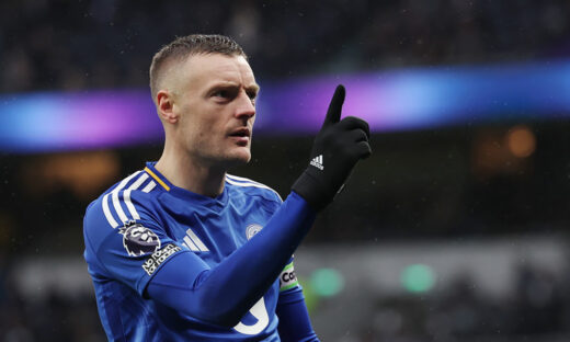 epa11854941 Leicester's Jamie Vardy poses after he scored the 1-1 goal during the English Premier League match between Tottenham Hotspur and Leicester City, in London, Britain, 26 January 2025. EPA/ANDY RAIN EDITORIAL USE ONLY. No use with unauthorized audio, video, data, fixture lists, club/league logos, 'live' services or NFTs. Online in-match use limited to 120 images, no video emulation. No use in betting, games or single club/league/player publications.