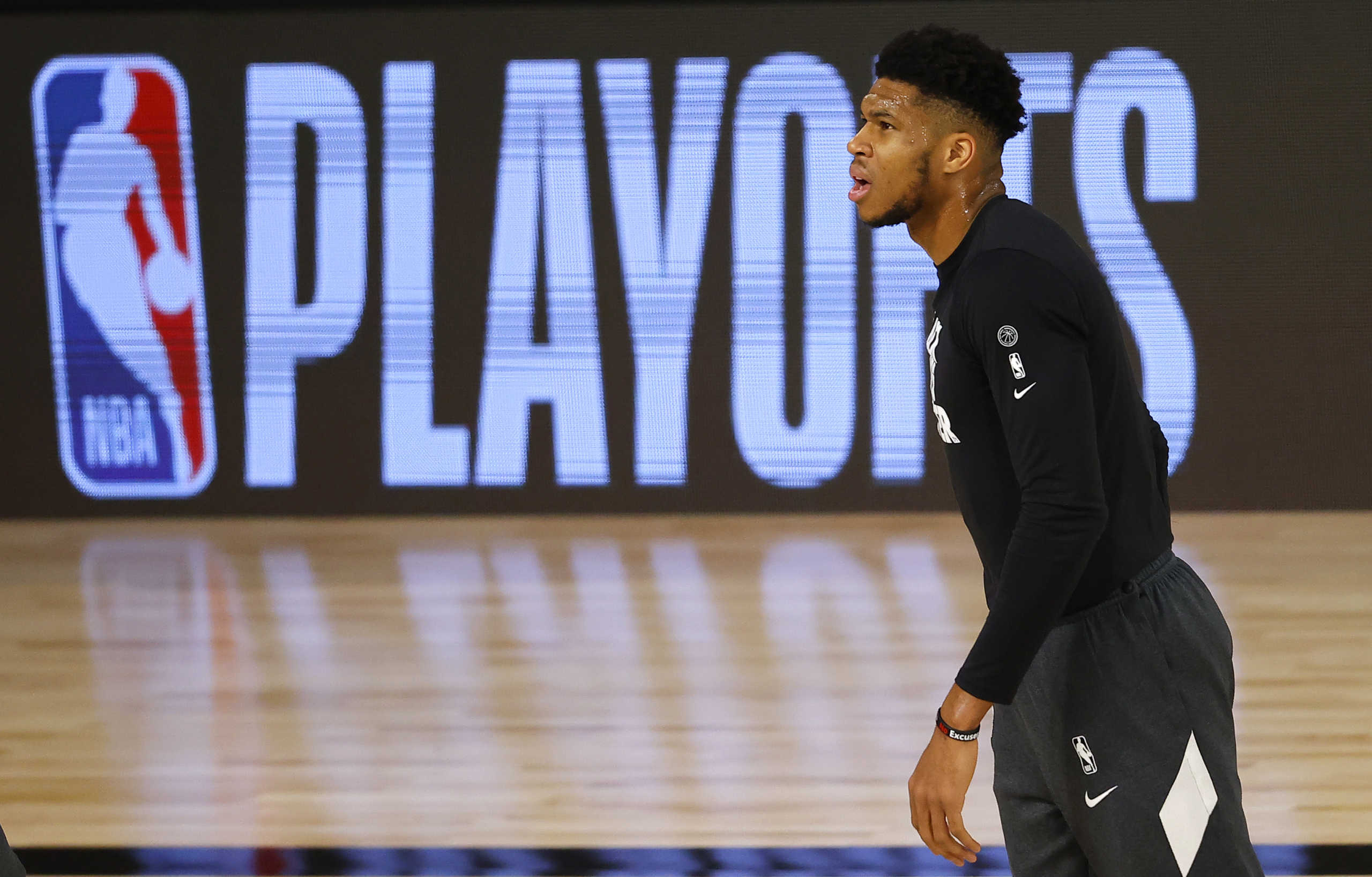 Aug 22, 2020; Lake Buena Vista, Florida, USA; Giannis Antetokounmpo #34 of the Milwaukee Bucks warms up against the Orlando Magic before Game Three of the Eastern Conference First Round during the 2020 NBA Playoffs at The Field House at ESPN Wide World Of Sports Complex on August 22, 2020 in Lake Buena Vista, Florida. Mandatory Credit: Mike Ehrmann