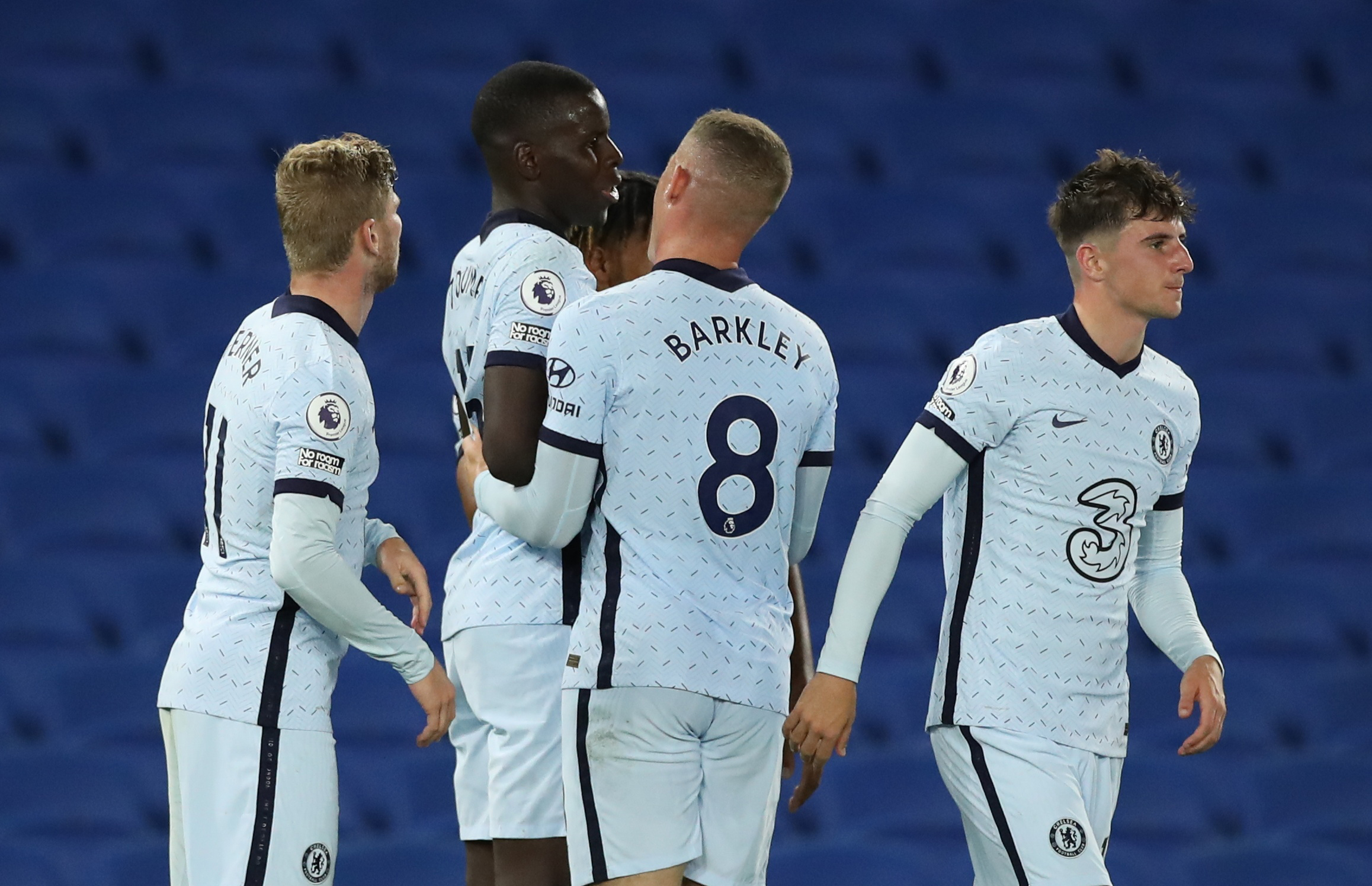 Soccer Football - Premier League - Brighton & Hove Albion v Chelsea - The American Express Community Stadium, Brighton, Britain - September 14, 2020. Chelsea's Kurt Zouma celebrates scoring their third goal with teammates. Pool via REUTERS