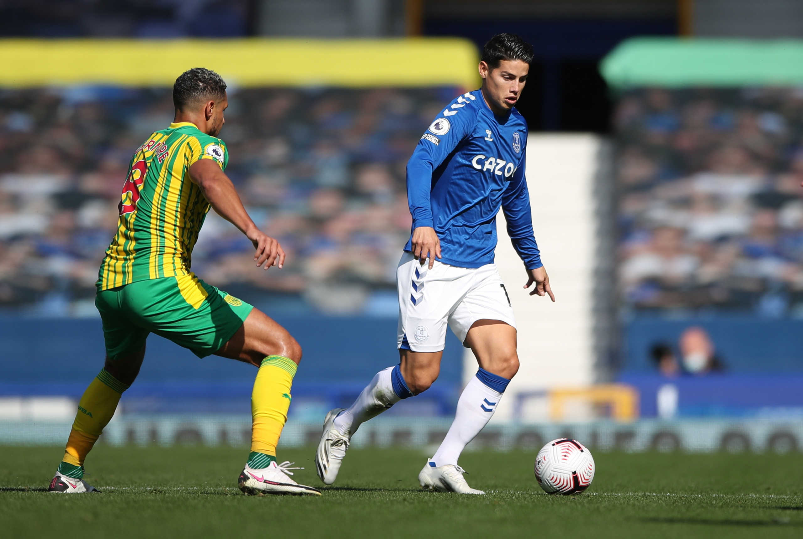 Soccer Football - Premier League - Everton v West Bromwich Albion - Goodison Park, Liverpool, Britain - September 19, 2020 Everton's James Rodriguez in action with West Bromwich Albion's Kieran Gibbs