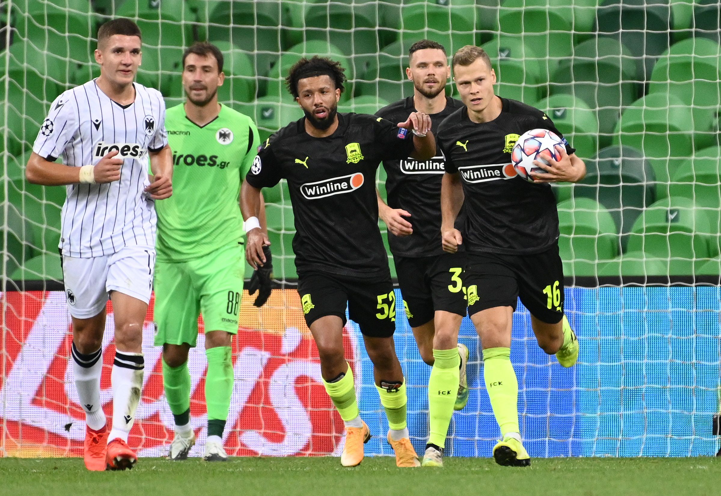Soccer Football - Champions League - Play-off - First Leg - FC Krasnodar v PAOK - Krasnodar Stadium, Krasnodar, Russia - September 22, 2020. FC Krasnodar's Viktor Claesson celebrates scoring their first goal with teammates. REUTERS