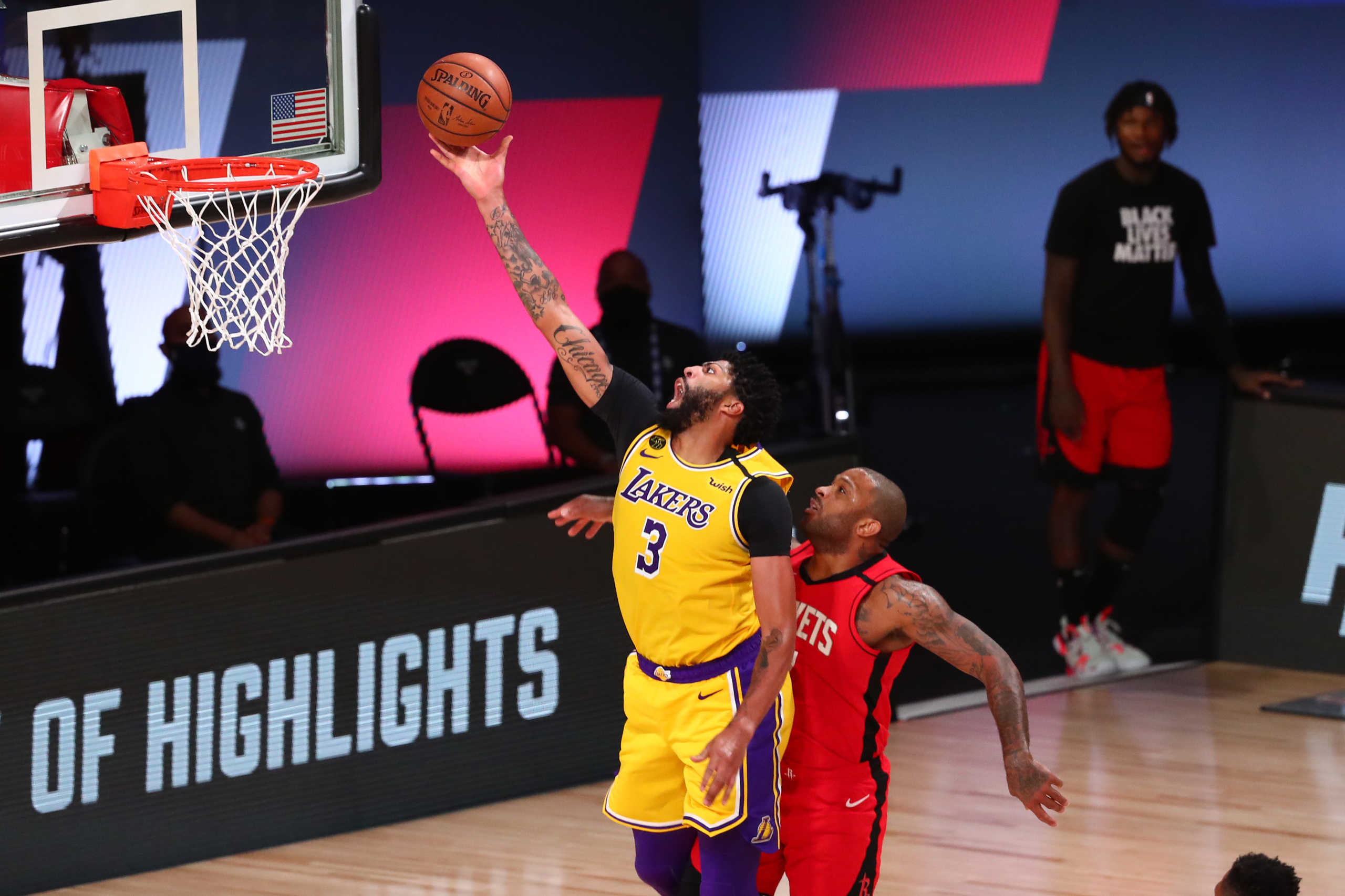 Sep 10, 2020; Lake Buena Vista, Florida, USA; Los Angeles Lakers forward Anthony Davis (3) shoots against Houston Rockets forward P.J. Tucker (17) in the second half in game four of the second round of the 2020 NBA Playoffs at AdventHealth Arena. Mandatory Credit: Kim Klement-USA TODAY Sports