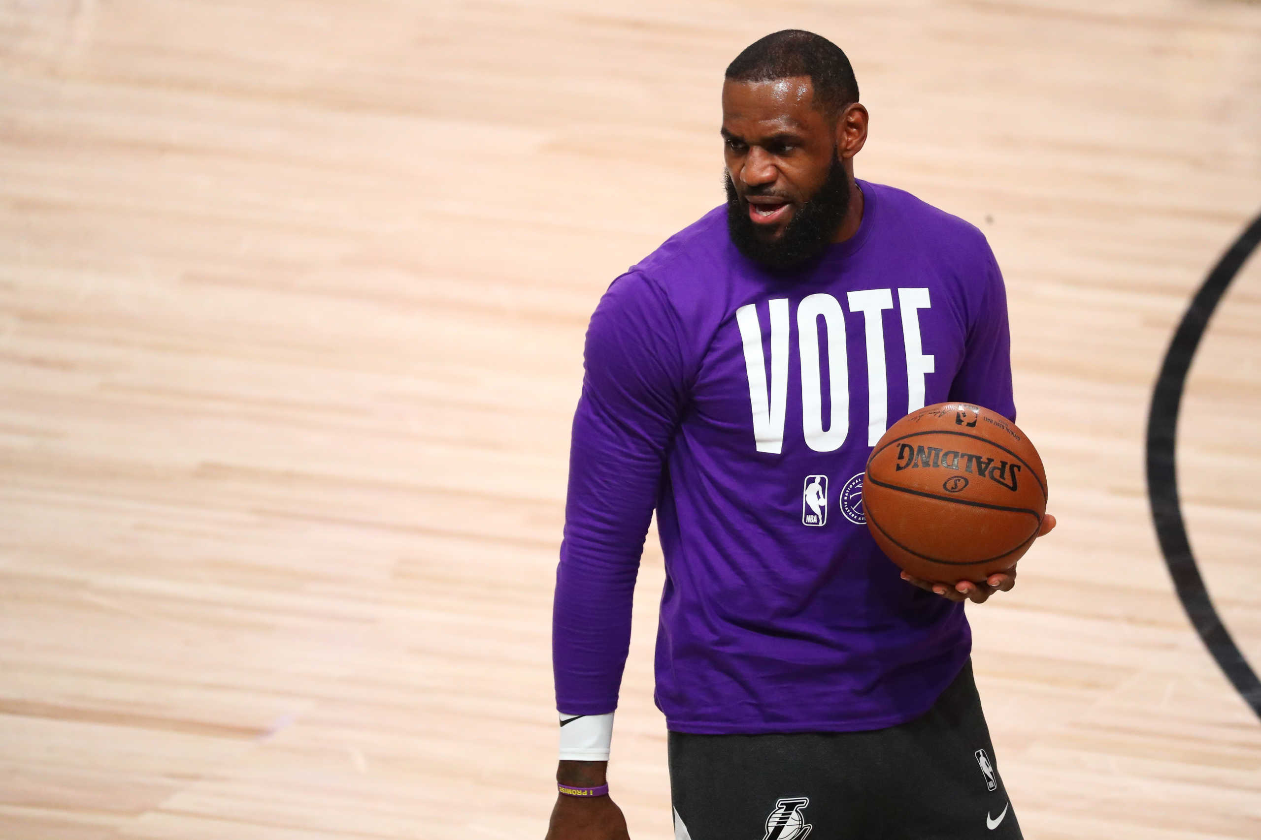 Sep 22, 2020; Lake Buena Vista, Florida, USA; Los Angeles Lakers forward LeBron James (23) warms up before game three of the Western Conference Finals of the 2020 NBA Playoffs against the Denver Nuggets at AdventHealth Arena. Mandatory Credit: Kim Klement-USA TODAY Sports
