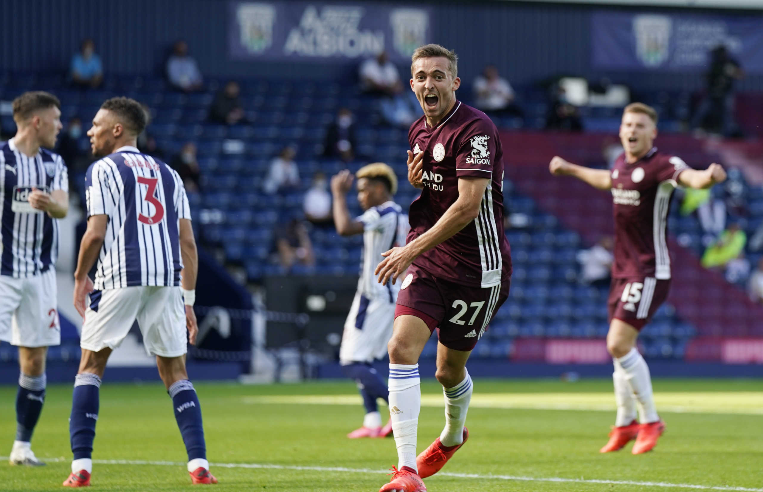Soccer Football - Premier League - West Bromwich Albion v Leicester City - The Hawthorns, West Bromwich, Britain - September 13, 2020  Leicester City's Timothy Castagne celebrates scoring their first goal Pool via REUTERS