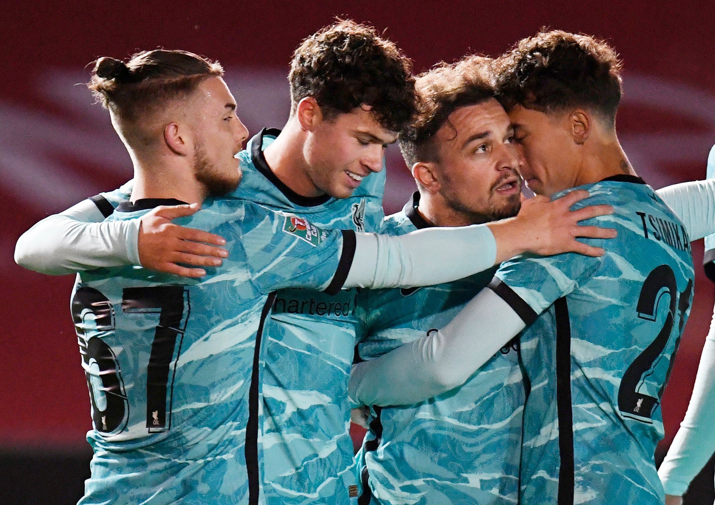 Soccer Football - Carabao Cup Third Round - Lincoln City v Liverpool - Sincil Bank, Lincoln, Britain - September 24, 2020 Liverpool's Xherdan Shaqiri  celebrates scoring their first goal with teammates Pool via REUTERS