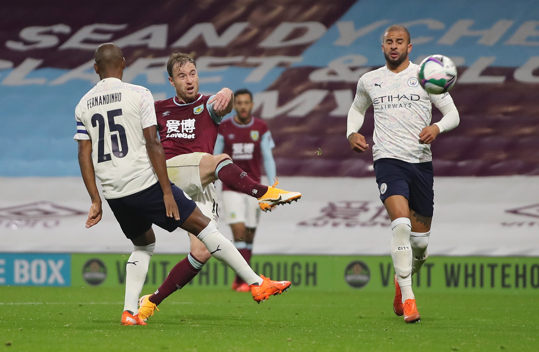 Soccer Football - Carabao Cup Fourth Round - Burnley v Manchester City - Turf Moor, Burnley, Britain - September 30, 2020 Burnley's Ashley Barnes in action with Manchester City's Fernandinho Pool via REUTERS