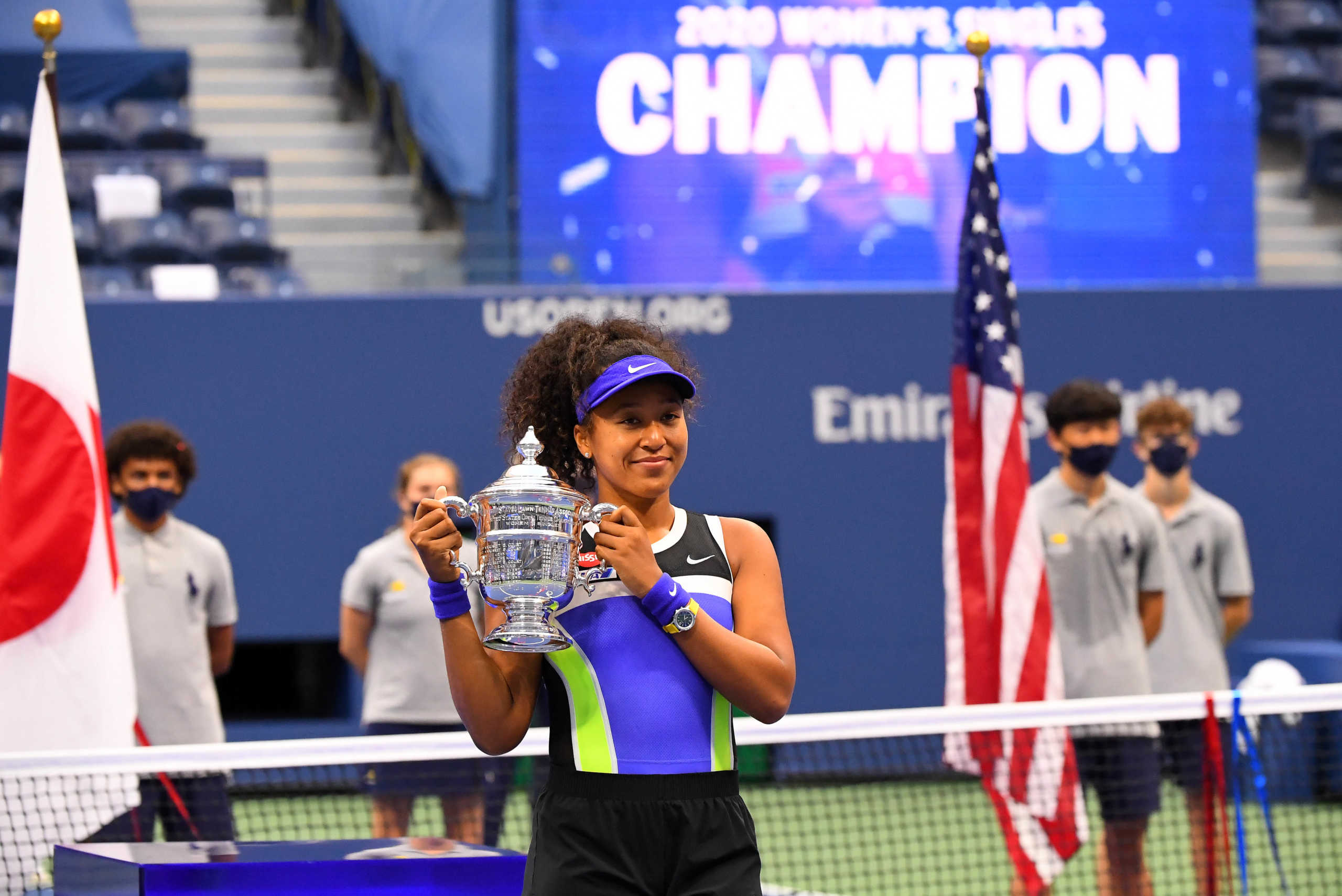 Sep 12, 2020; Flushing Meadows, New York, USA; Naomi Osaka of Japan celebrates winning against Victoria Azarenka of Belarus in the women's singles final match on day 13 of the 2020 U.S. Open tennis tournament at USTA Billie Jean King National Tennis Center. Mandatory Credit: Robert Deutsch-USA TODAY Sports
