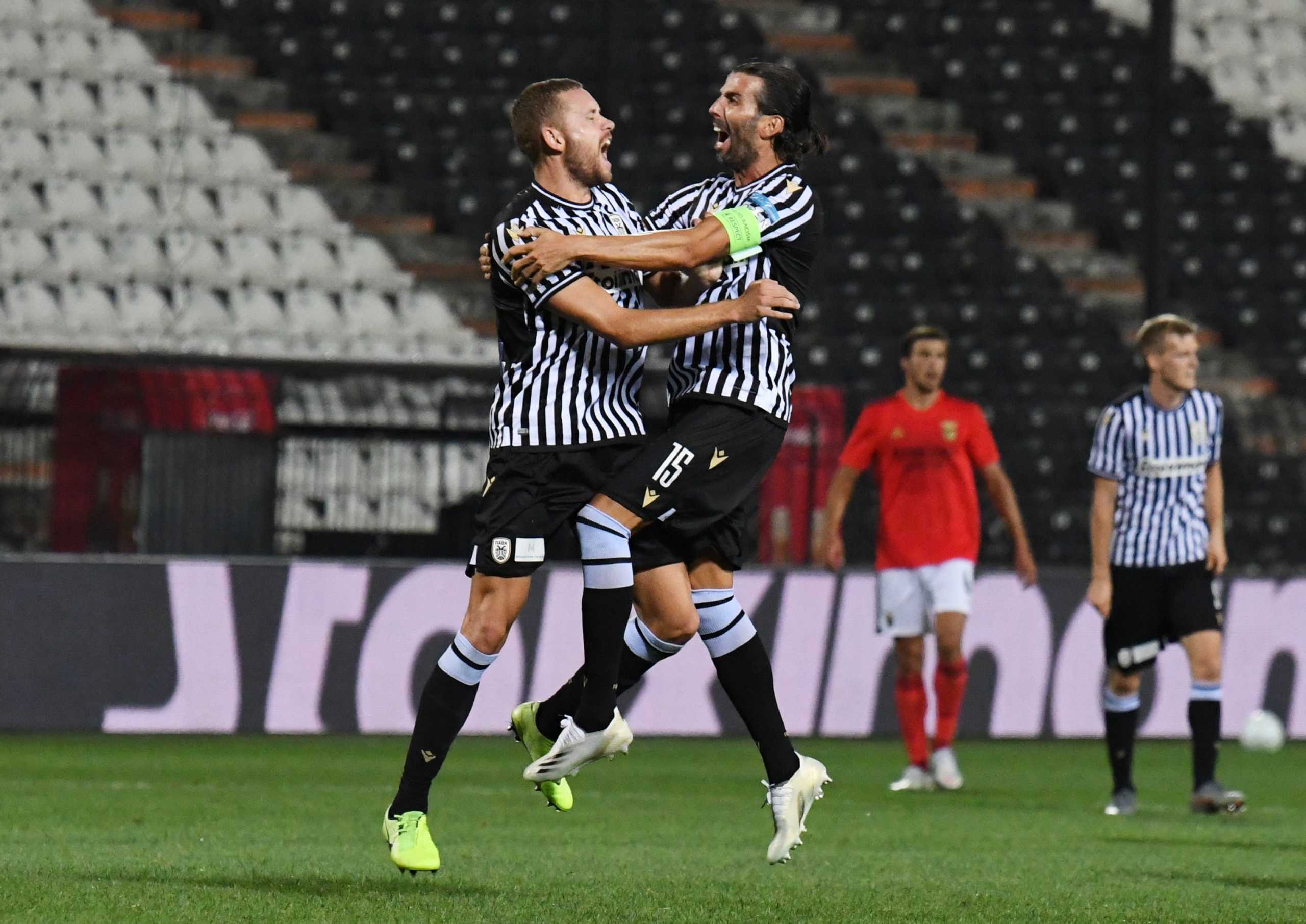 Soccer Football - Champions League - Third Qualifying Round - PAOK v Benfica - Toumba Stadium, Thessaloniki, Greece - September 15, 2020   PAOK's Andrija Zivkovic celebrates scoring their second goal with teammates REUTERS