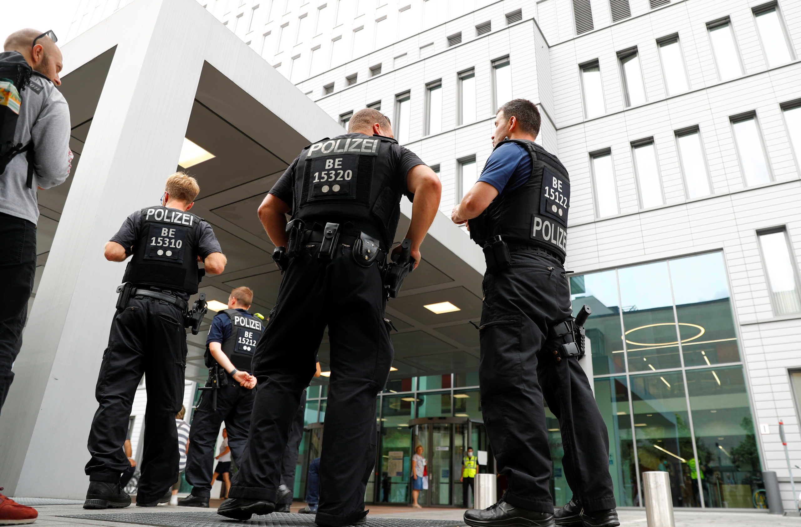 Police officers guard the surroundings of the Charite Mitte Hospital Complex, where Russian opposition leader Alexei Navalny is receiving medical treatment, in Berlin, Germany August 22, 2020. REUTERS