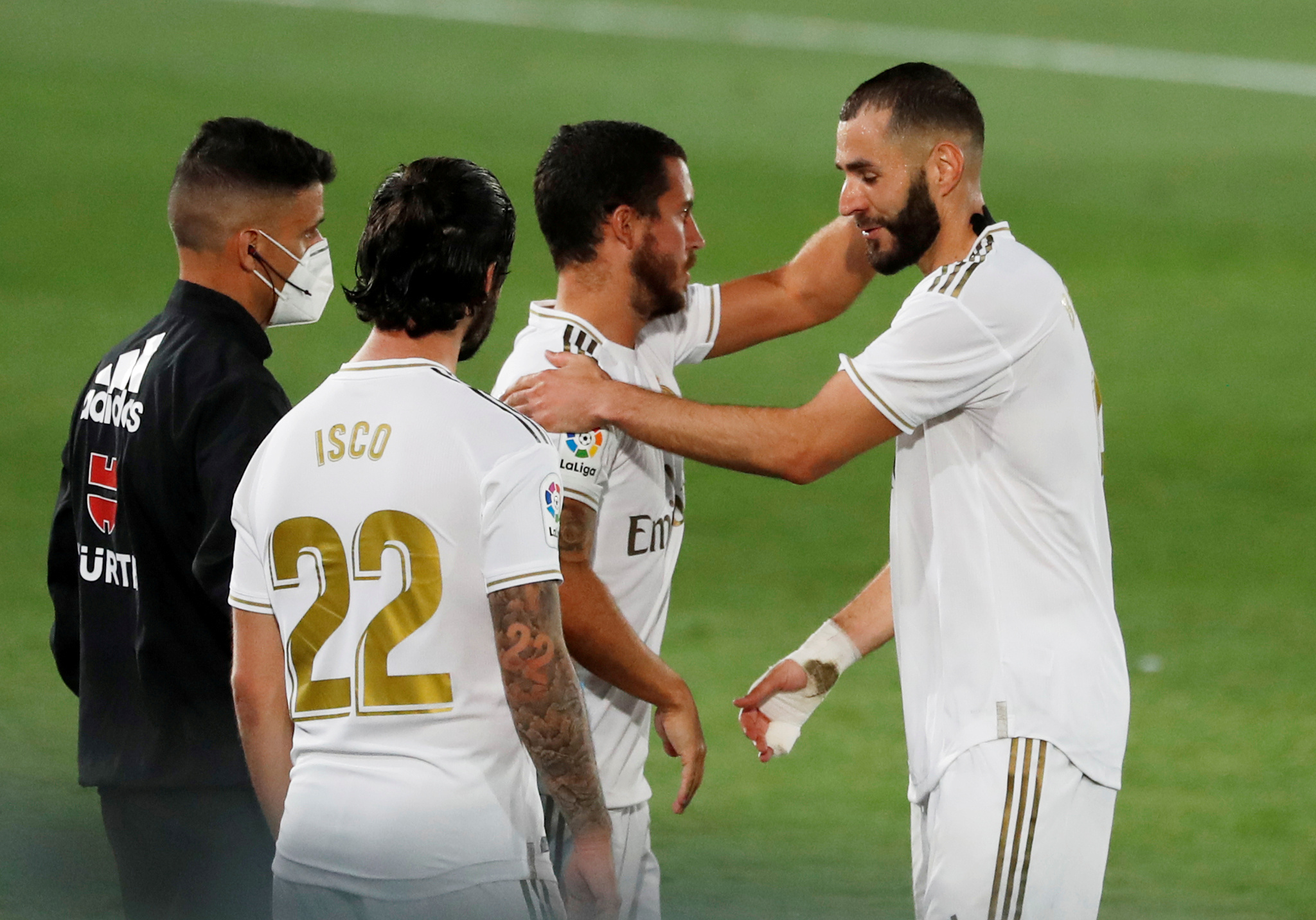 FILE PHOTO: Soccer Football - La Liga Santander - Real Madrid v Alaves - Alfredo Di Stefano Stadium, Madrid, Spain - July 10, 2020   Real Madrid's Karim Benzema is substituted for Eden Hazard, as play resumes behind closed doors following the outbreak of the coronavirus disease (COVID-19)   REUTERS