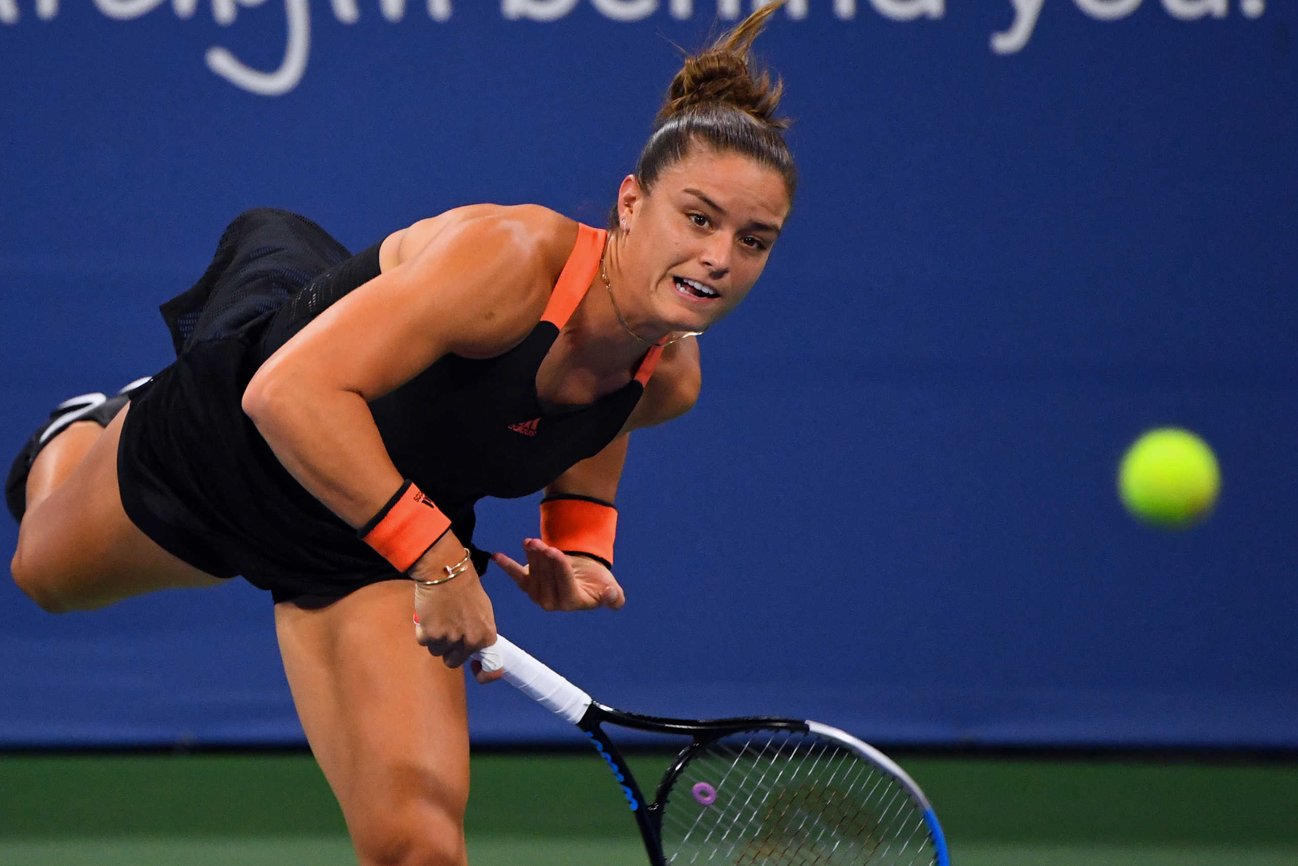Aug 25, 2020; Flushing Meadows, New York, USA; Maria Sakkari (GRE) hits the ball against Serena Williams (USA) during the Western & Southern Open at the USTA Billie Jean King National Tennis Center. Mandatory Credit: Robert Deutsch-USA TODAY Sports