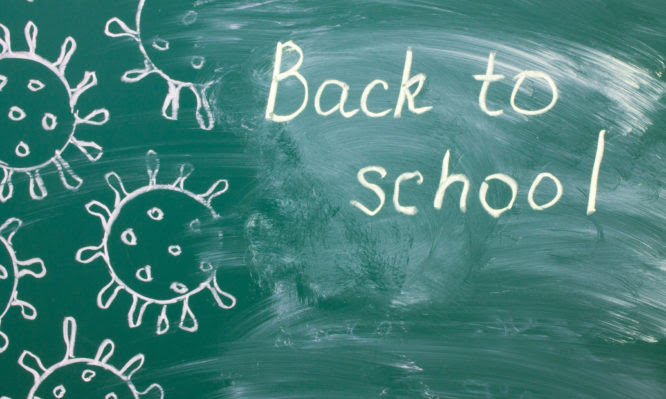 White chalk writing on a green chalkboard - back to school close-up and copy space.