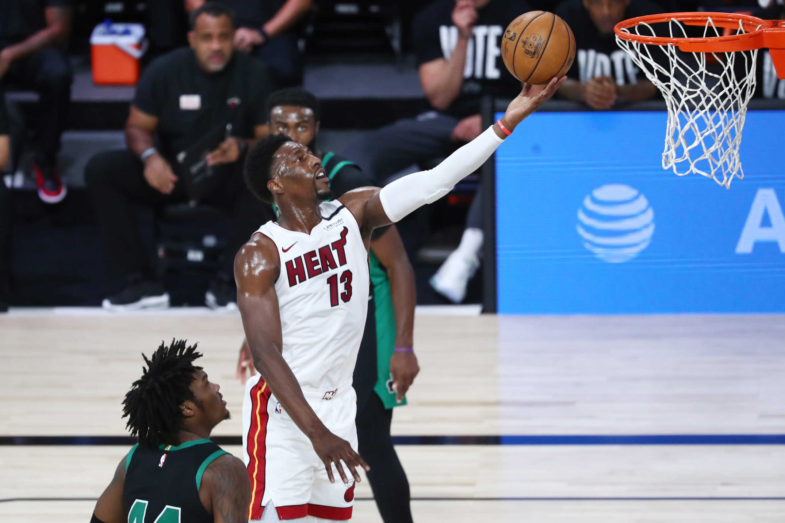 Sep 15, 2020; Lake Buena Vista, Florida, USA; Miami Heat forward Bam Adebayo (13) goes up for a shot during the first half in game one of the Eastern Conference Finals of the 2020 NBA Playoffs against the Boston Celtics at ESPN Wide World of Sports Complex. Mandatory Credit: Kim Klement-USA TODAY Sports