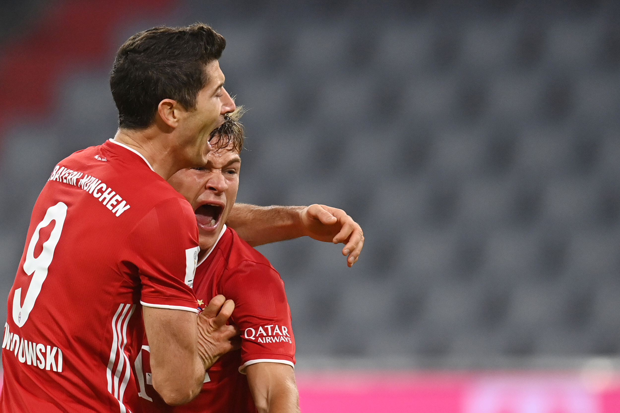 Soccer Football - DFL-Supercup - Bayern Munich v Borussia Dortmund - Allianz Arena, Munich, Germany - September 30, 2020 Bayern Munich's Joshua Kimmich celebrates scoring their third goal with Robert Lewandowski   Christof Stache
