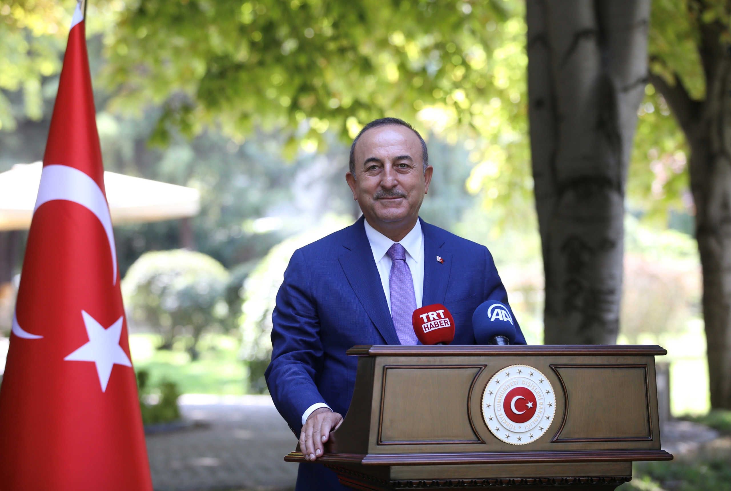 Turkish Foreign Minister Mevlut Cavusoglu speaks to the media in Ankara, Turkey September 4, 2020. Turkish Foreign Ministry