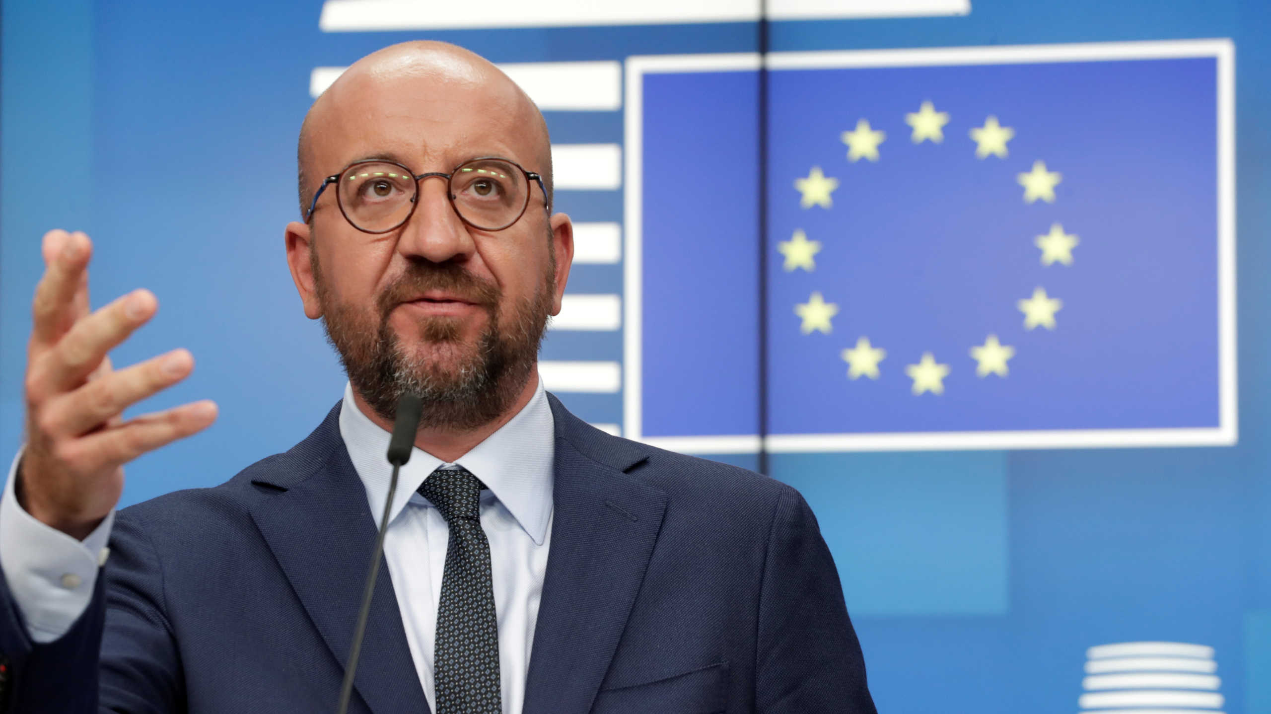 FILE PHOTO: European Council President Charles Michel attends a news conference following a virtual summit with European Commission President Ursula von der Leyen and European leaders in Brussels, Belgium August 19, 2020.  Olivier Hoslet