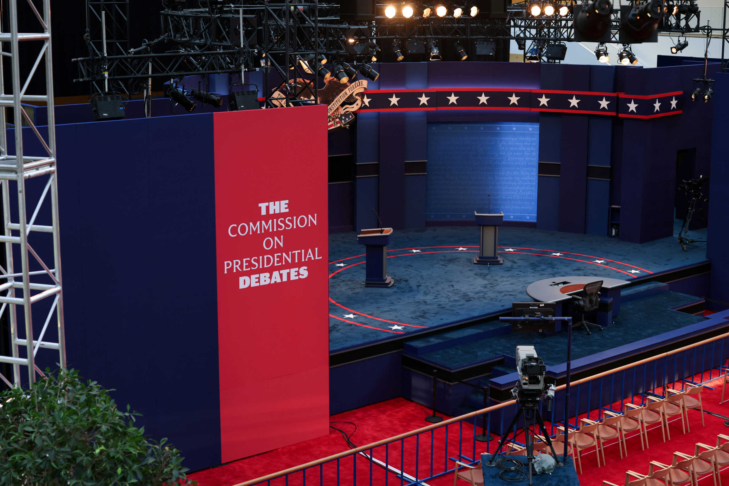 FILE PHOTO: The stage awaits the first presidential debate between U.S. President Donald Trump and Democratic U.S. presidential nominee and former Vice President Joe Biden on the campus of the Cleveland Clinic in Cleveland, Ohio, U.S. September 28, 2020.  REUTERS