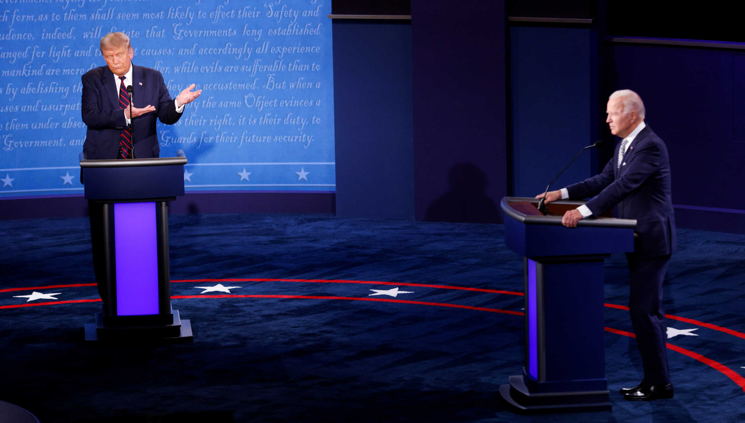 U.S. President Donald Trump gestures as he participates in the first 2020 presidential campaign debate with Democratic presidential nominee Joe Biden, held on the campus of the Cleveland Clinic at Case Western Reserve University in Cleveland, Ohio, U.S., September 29, 2020. REUTERS
