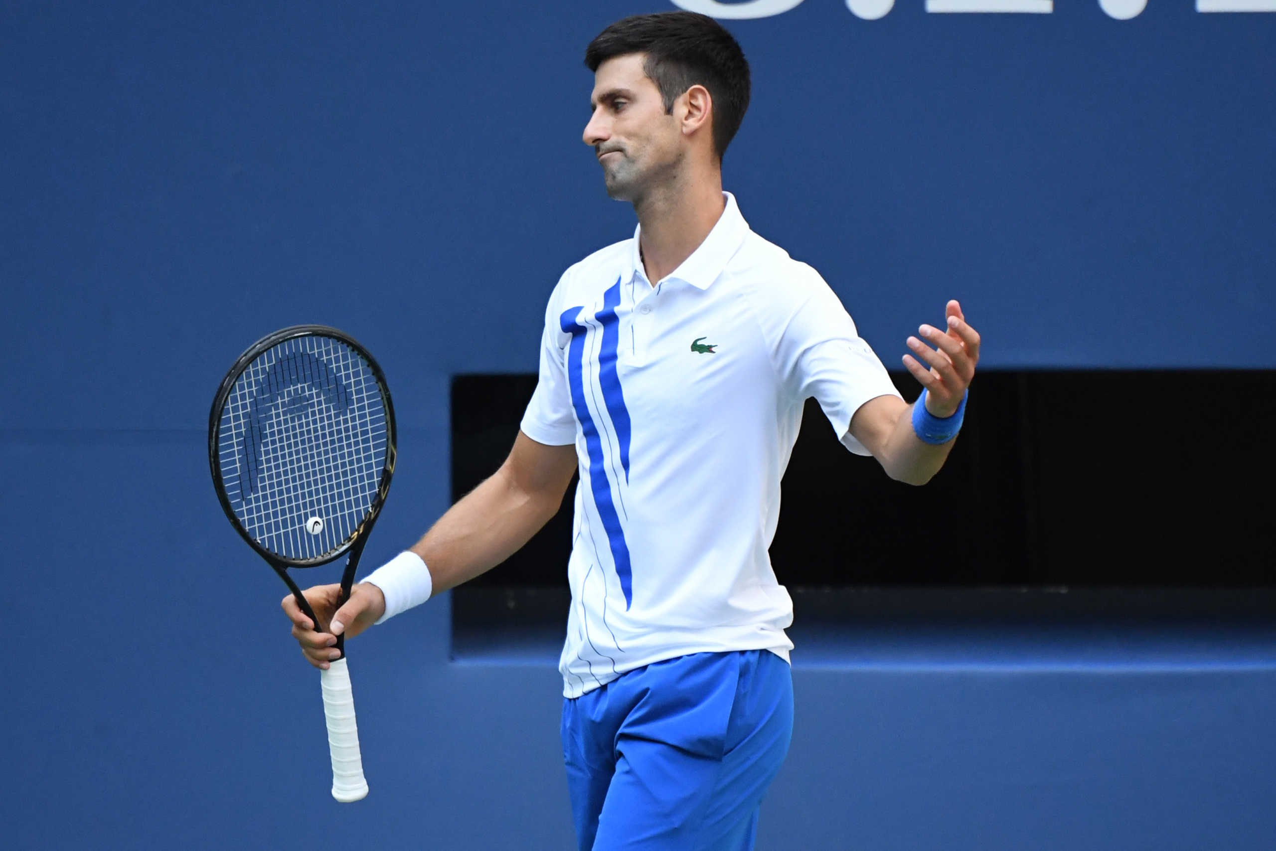 Sep 6, 2020; Flushing Meadows, New York, USA; Novak Djokovic of Serbia reacts after losing a point against Pablo Carreno Busta of Spain (not pictured) on day seven of the 2020 U.S. Open tennis tournament at USTA Billie Jean King National Tennis Center. Mandatory Credit: Danielle Parhizkaran-USA TODAY Sports