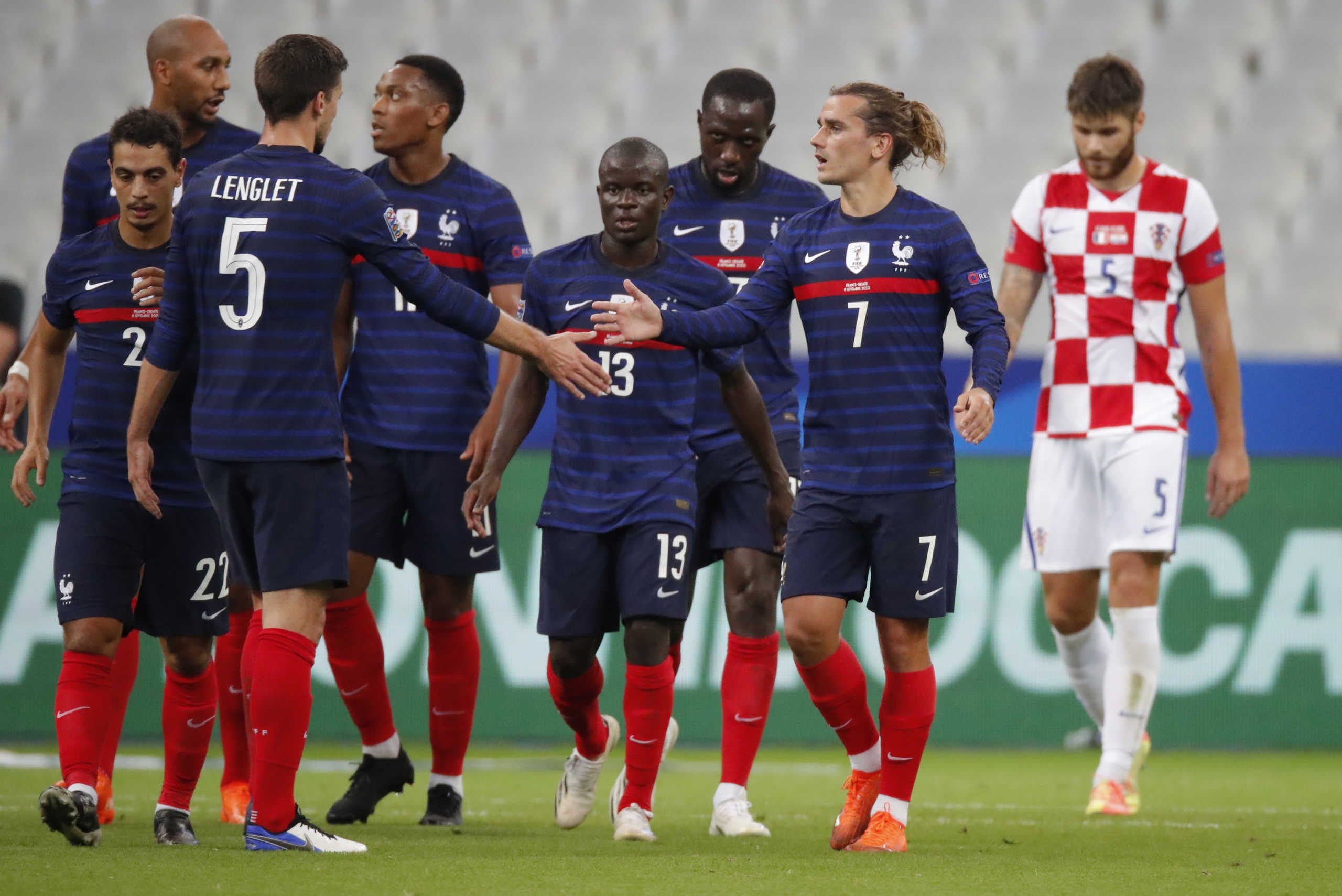 Soccer Football - UEFA Nations League - League A - Group 3 - France v Croatia - Stade de France, Saint-Denis, France - September 8, 2020 France's Antoine Griezmann celebrates scoring their first goal with teammates REUTERS